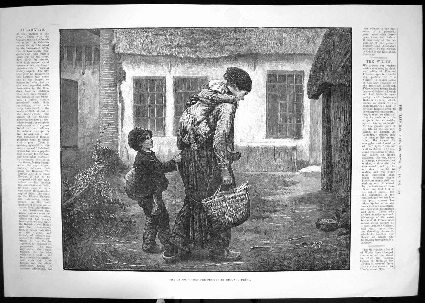 Original Old Antique Print 1887 Widow Woman Children Edouard Frere Victorian