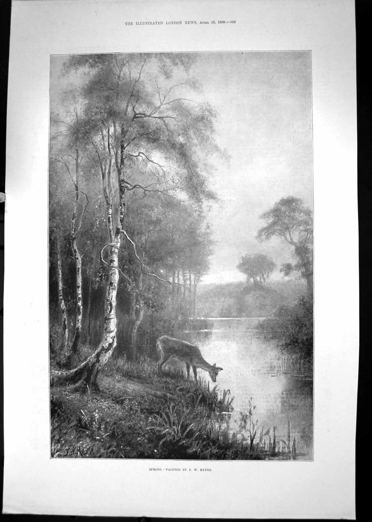Original Old Antique Print 1899 Spring Scene Deer River Trees Hayes Victorian