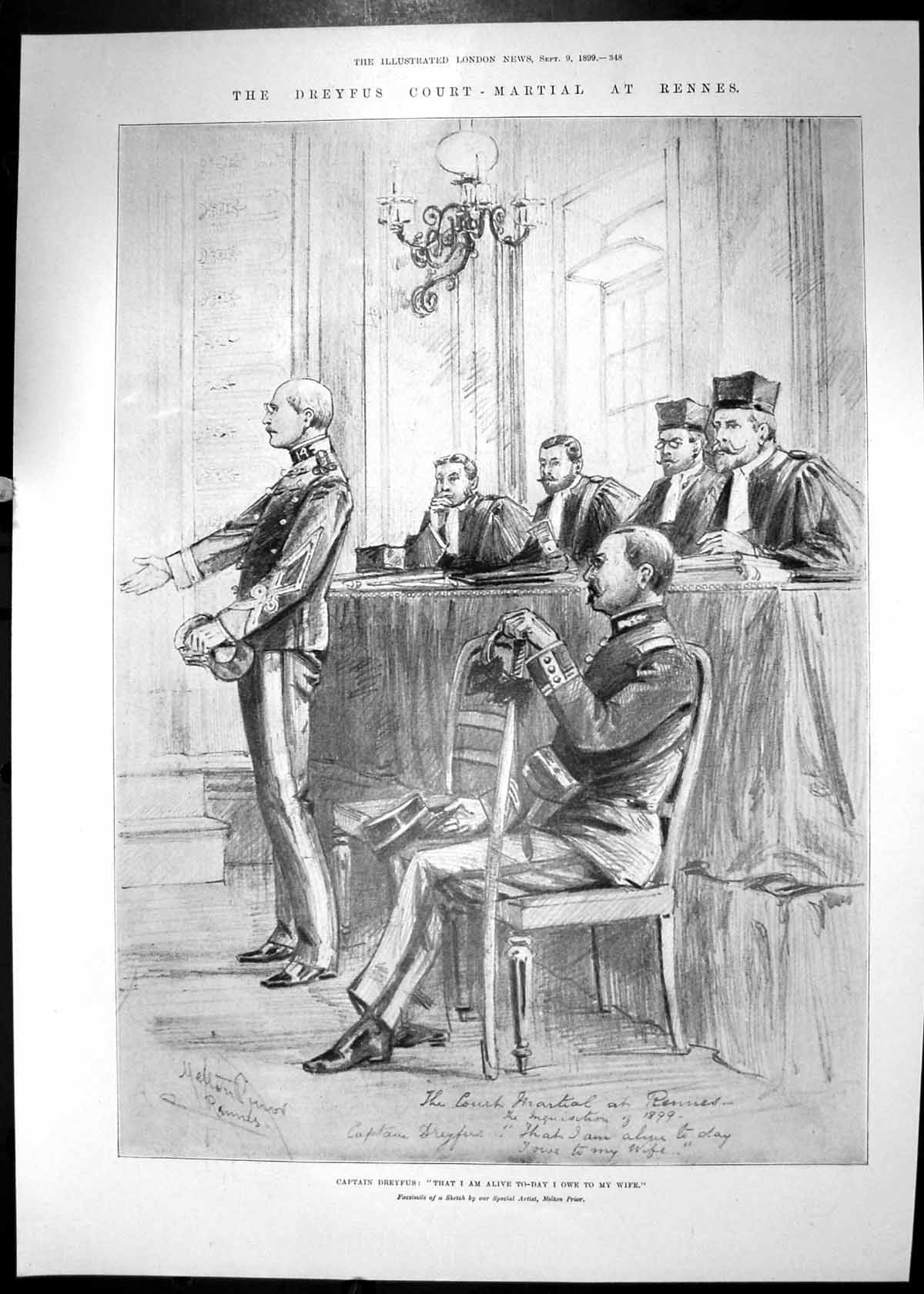Old Antique Print 1899 Captain Dreyfus Court-Martial Rennes Melton Prior 19th