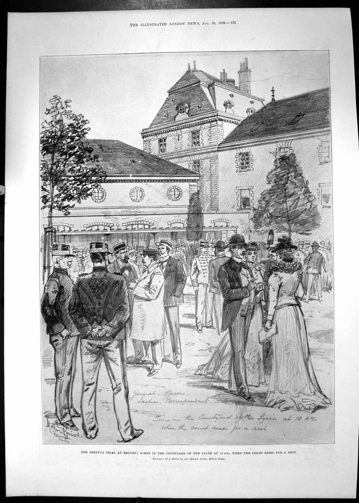 Old Antique Print 1899 Captain Dreyfus Court Trail Rennes Courtyard Lycee 19th