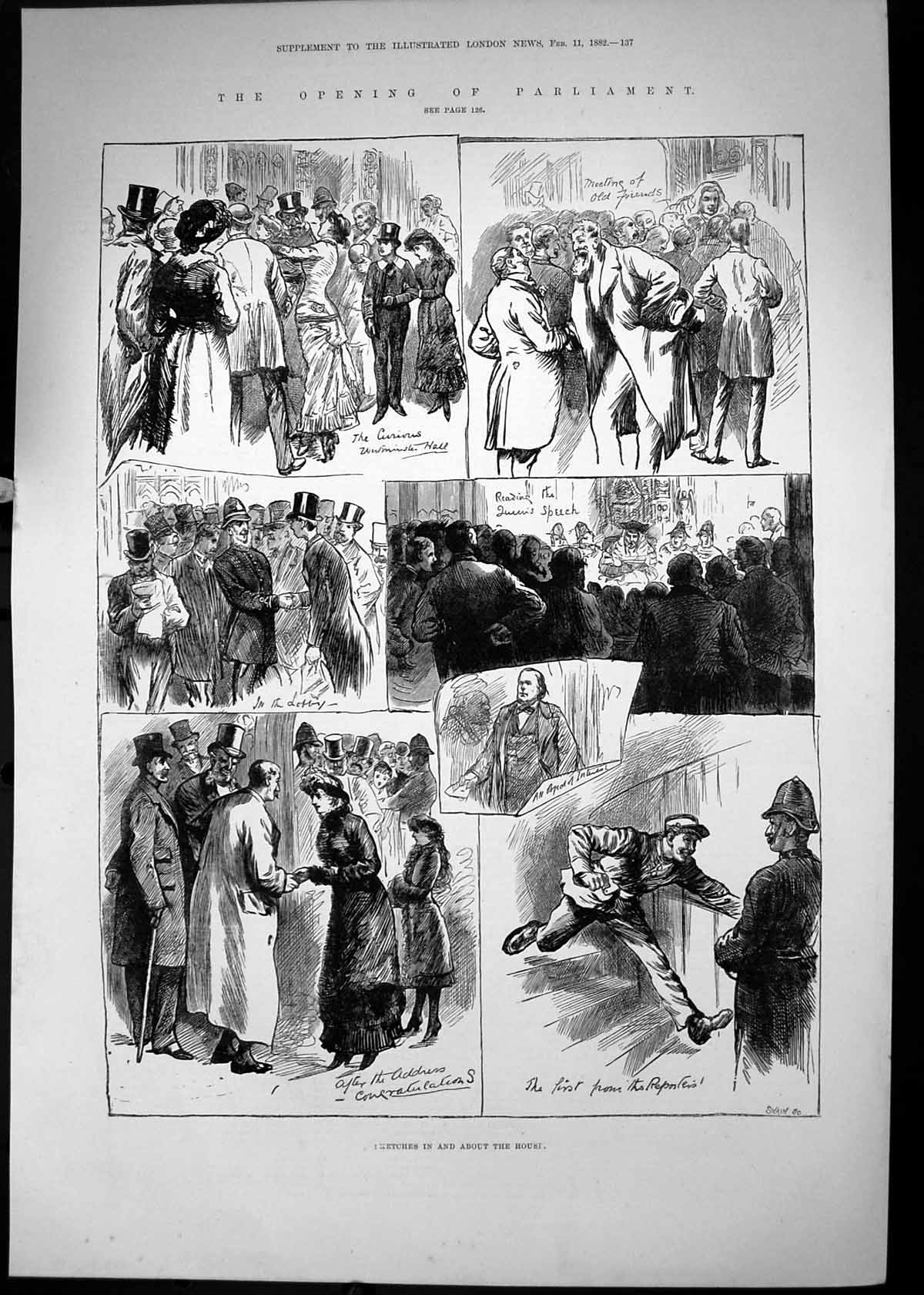 Original Old Antique Print 1882 Opening Parliament Westminster Hall Policeman