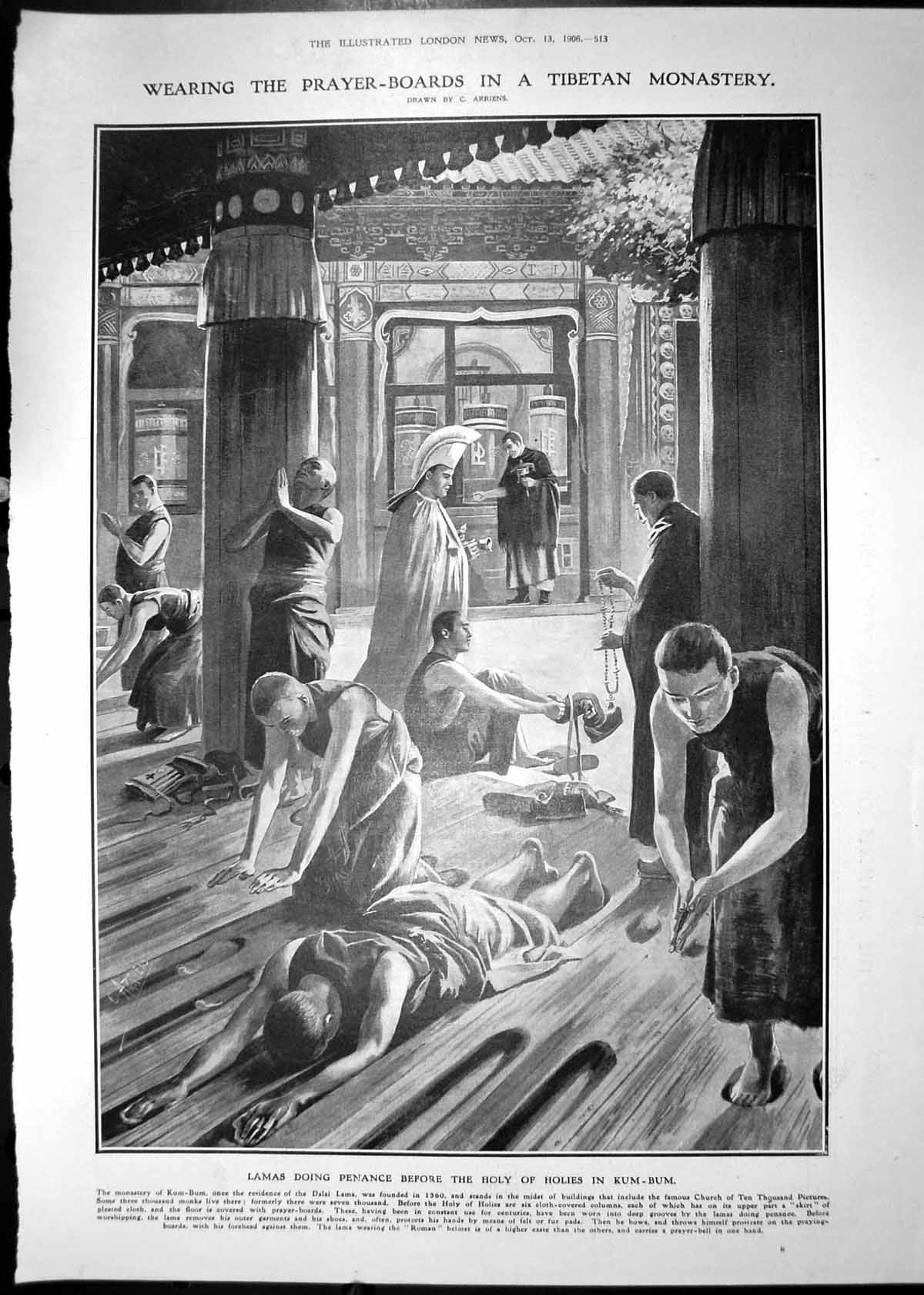 Old Print 1906 Lamas Doing Penance Holy Holies Kum-Bum Tibetan Monastery 20th