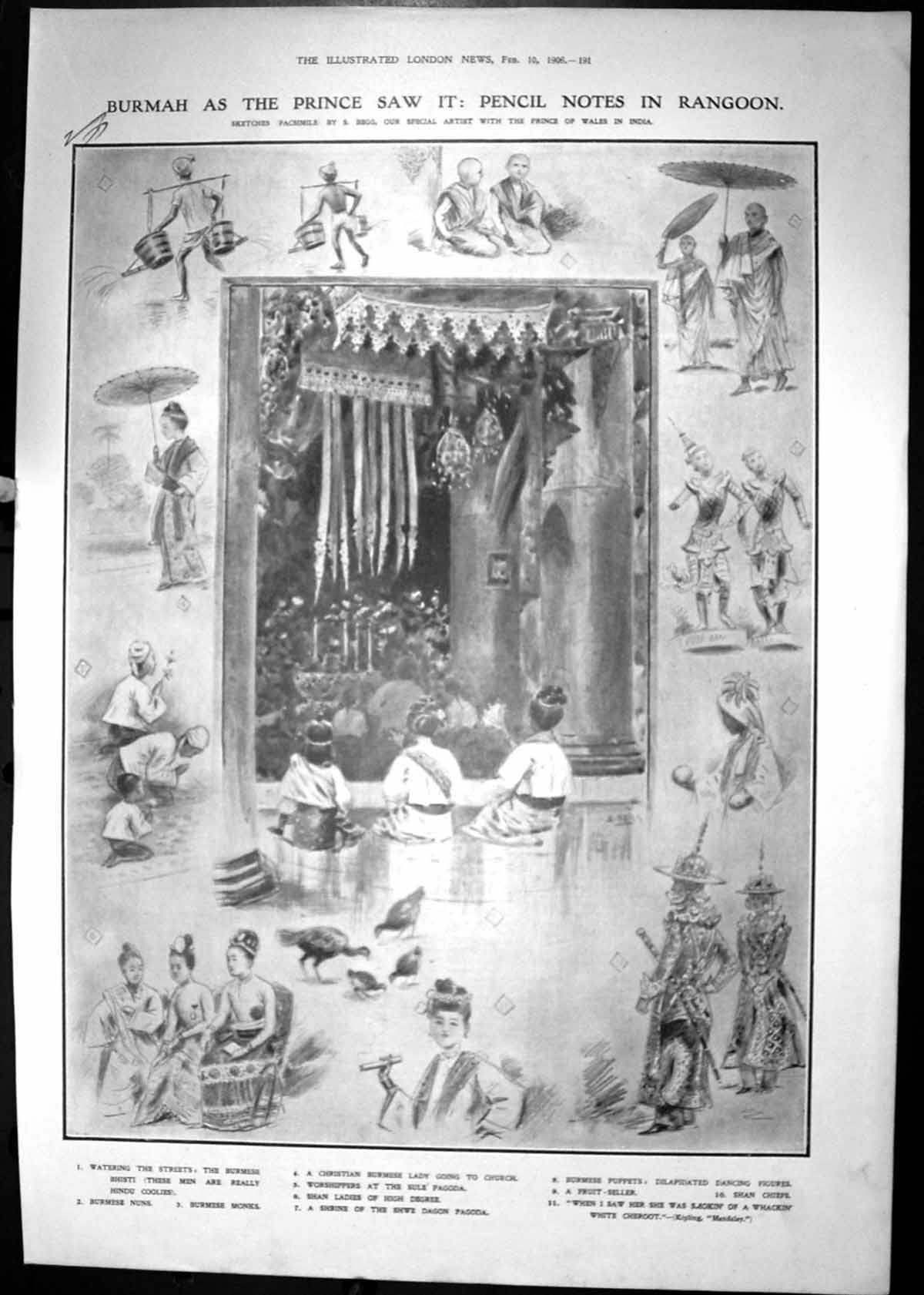 Print 1906 Burmah Prince Wales Rangoon Burmese Lady Shan Shwe Dagon Pagoda Coolies