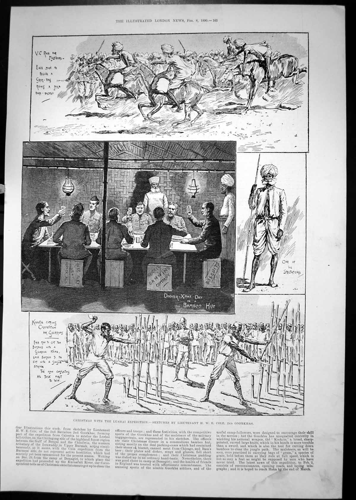 Antique Old Print 1890 Christmas Lushai Expedition Goorkhas Dinner Bamboo Hut