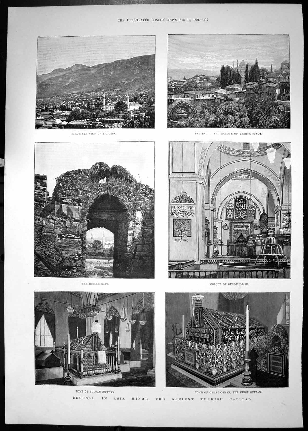 Print 1890 Broussa Asia Minor Turkish Capital Mosque Tomb Ghazi Osman Sultan Orkhan