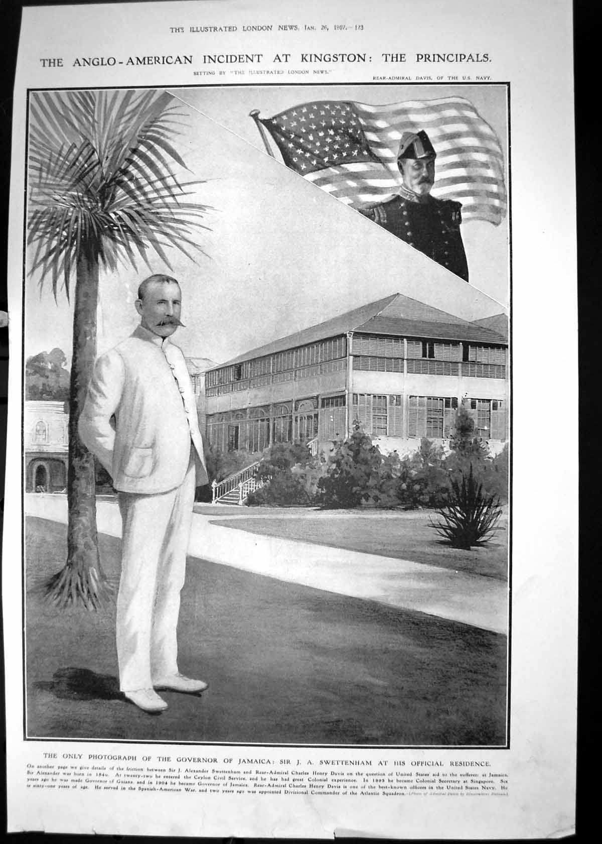 Antique Old Print 1907 Governor Jamaica Swettenham Rear-Admiral Davis Navy 20th