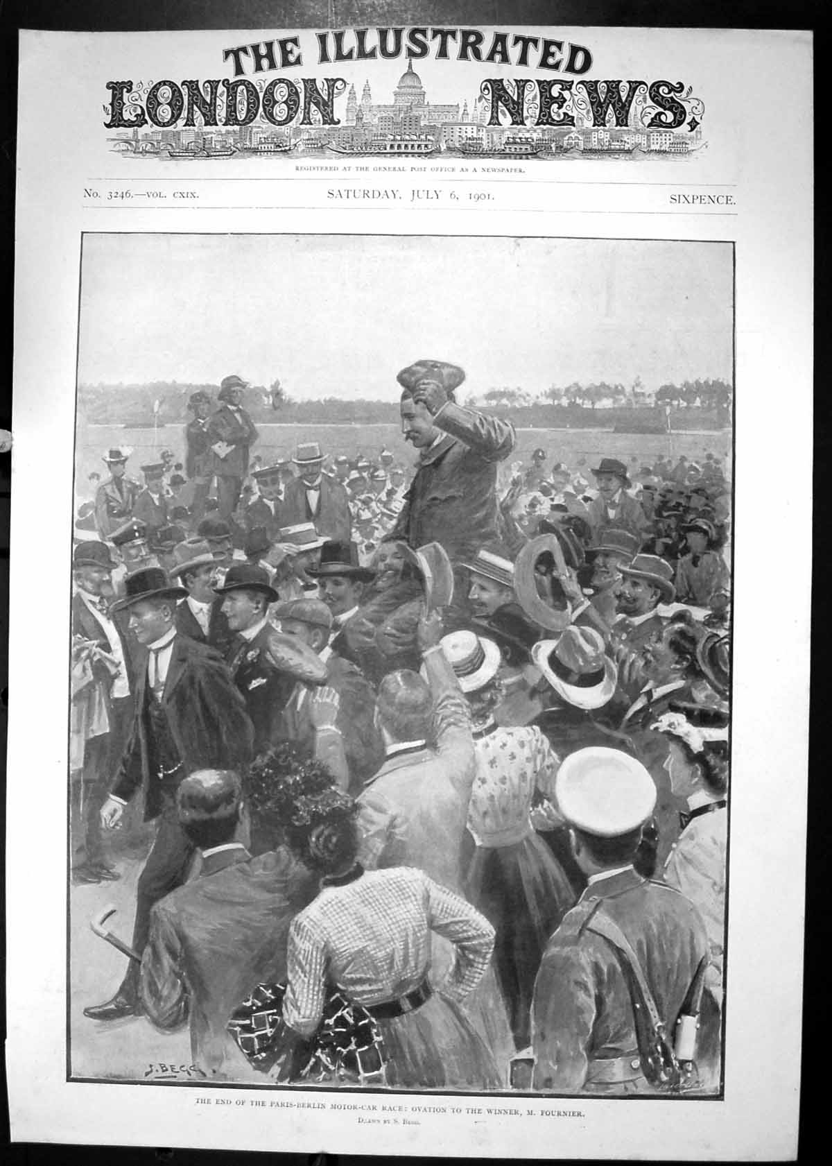 Old Print 1901 Paris Berlin Motor Car Race Scene Ovation Winner Fournier 20th