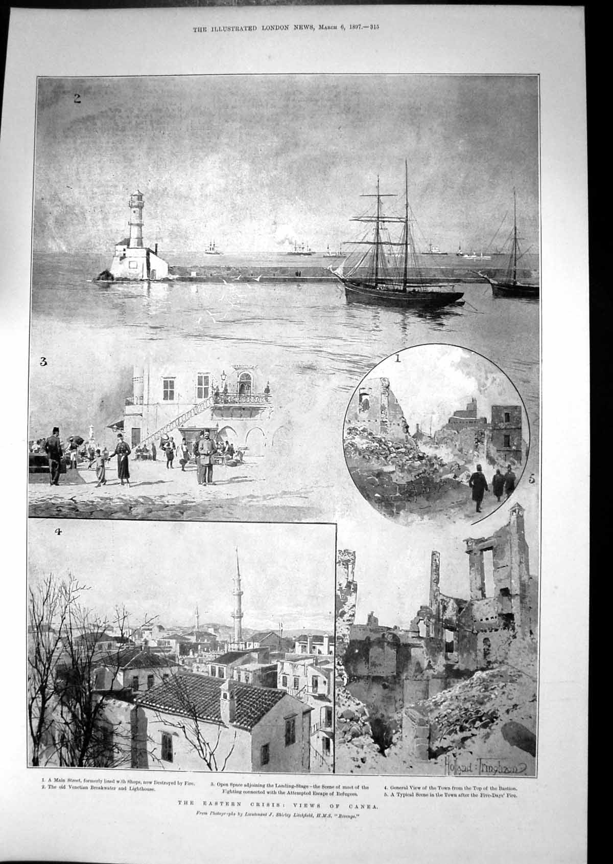 Original Old Antique Print Canea Venetian Breakwater Lighthouse Refugees 1897