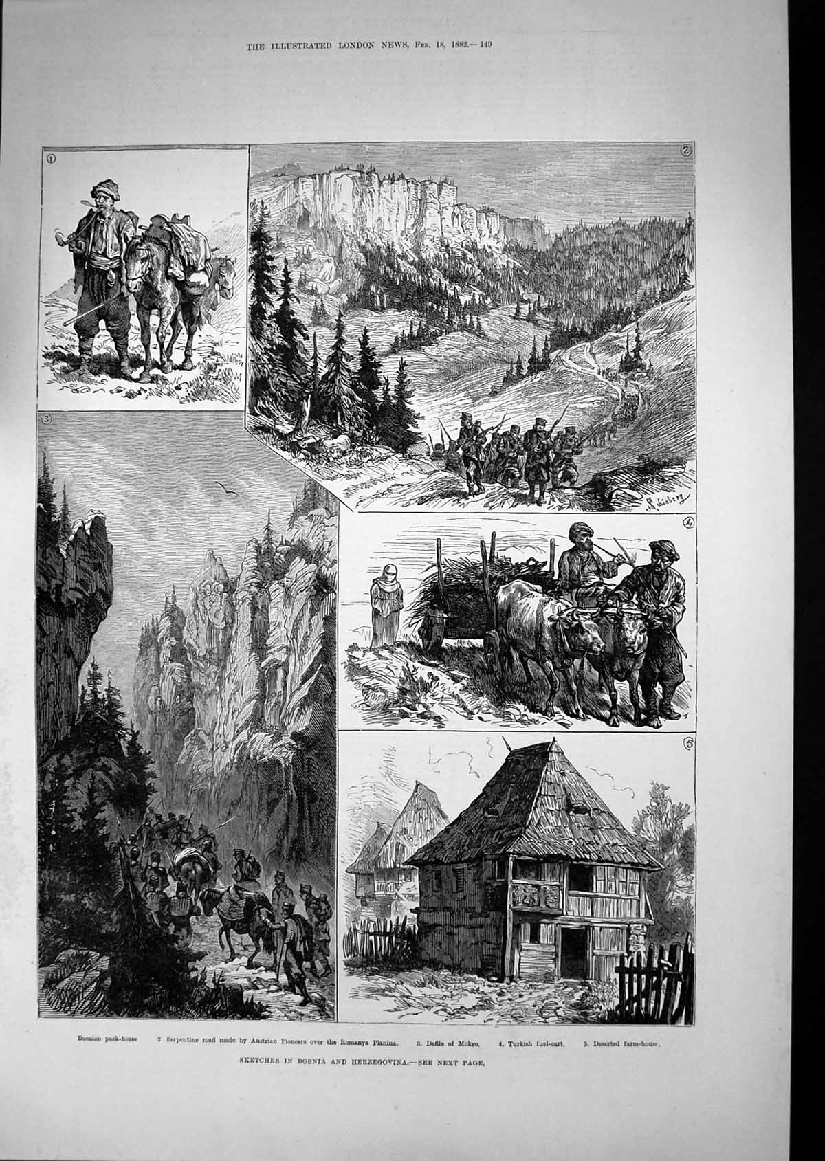 Antique Old Print 1882 Bosnia Herzegovina Mokro Pack Horse Romanya Planina 19th