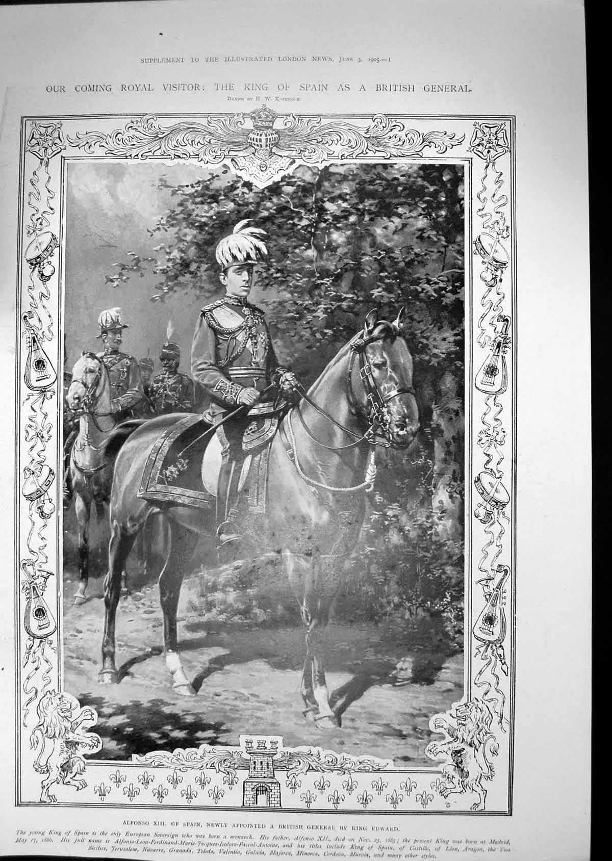 Original Old Antique Print 1905 Alfonso King Spain British General Horse 20th