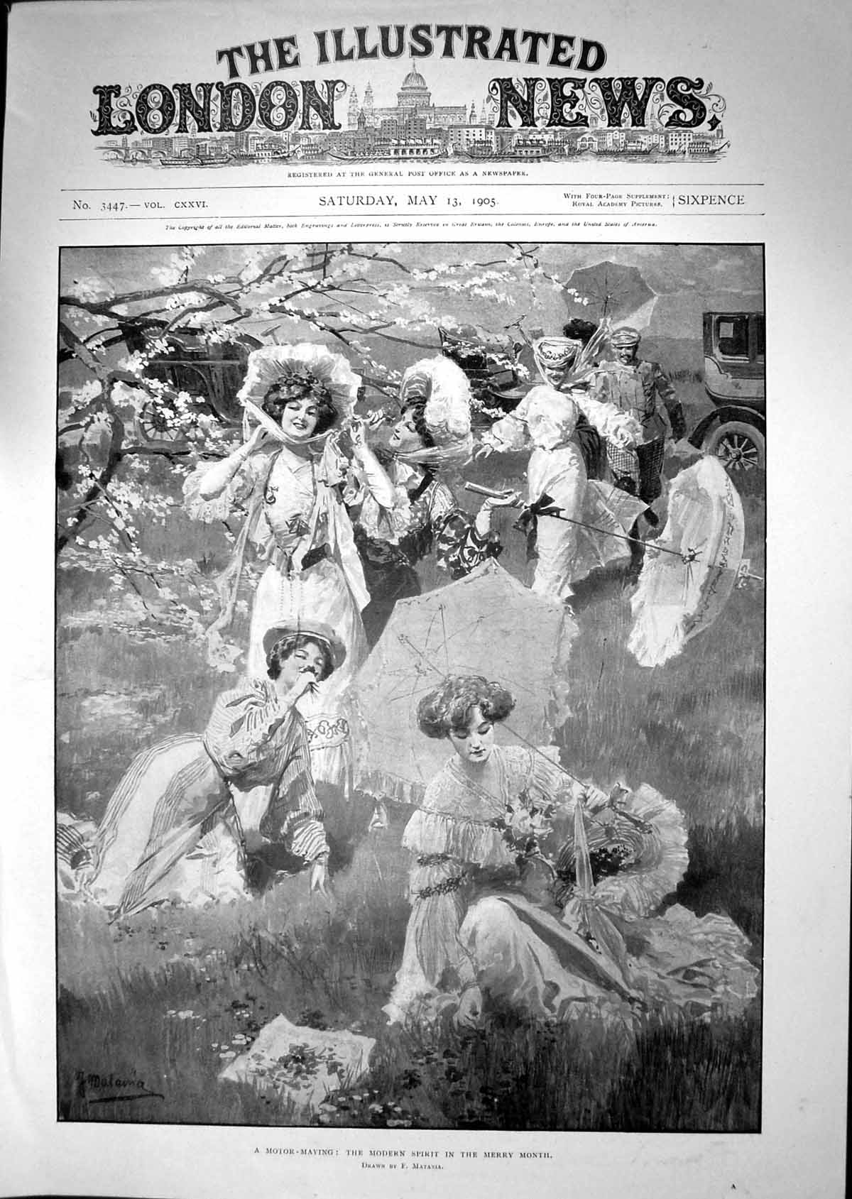 Old Antique Print Ladies Picking Flowers Merry Month May Motor Car 1905 20th