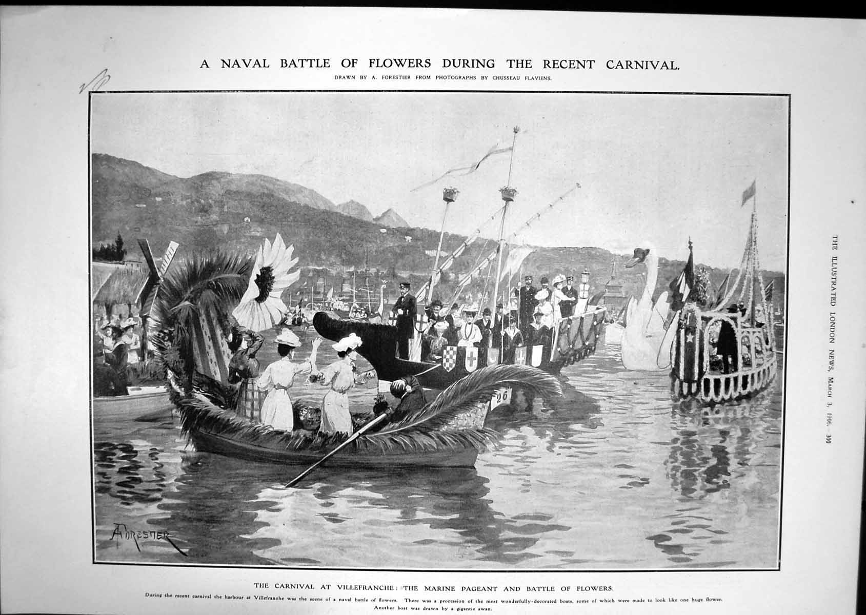 Antique Old Print 1906 Carnival Villefranche Marine Pageant Battle Flowers 20th