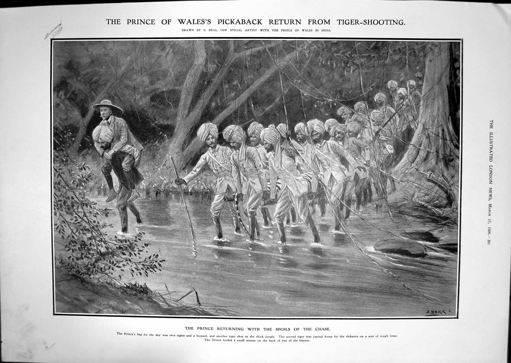 Antique Print 1906 Prince Wales Tiger Hunting India Shikarris Jungle Scene 20th