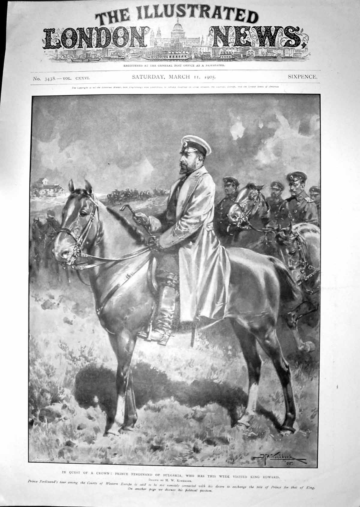 Original Old Antique Print Prince Ferdinand Bulgaria Horses 1905 20th Century
