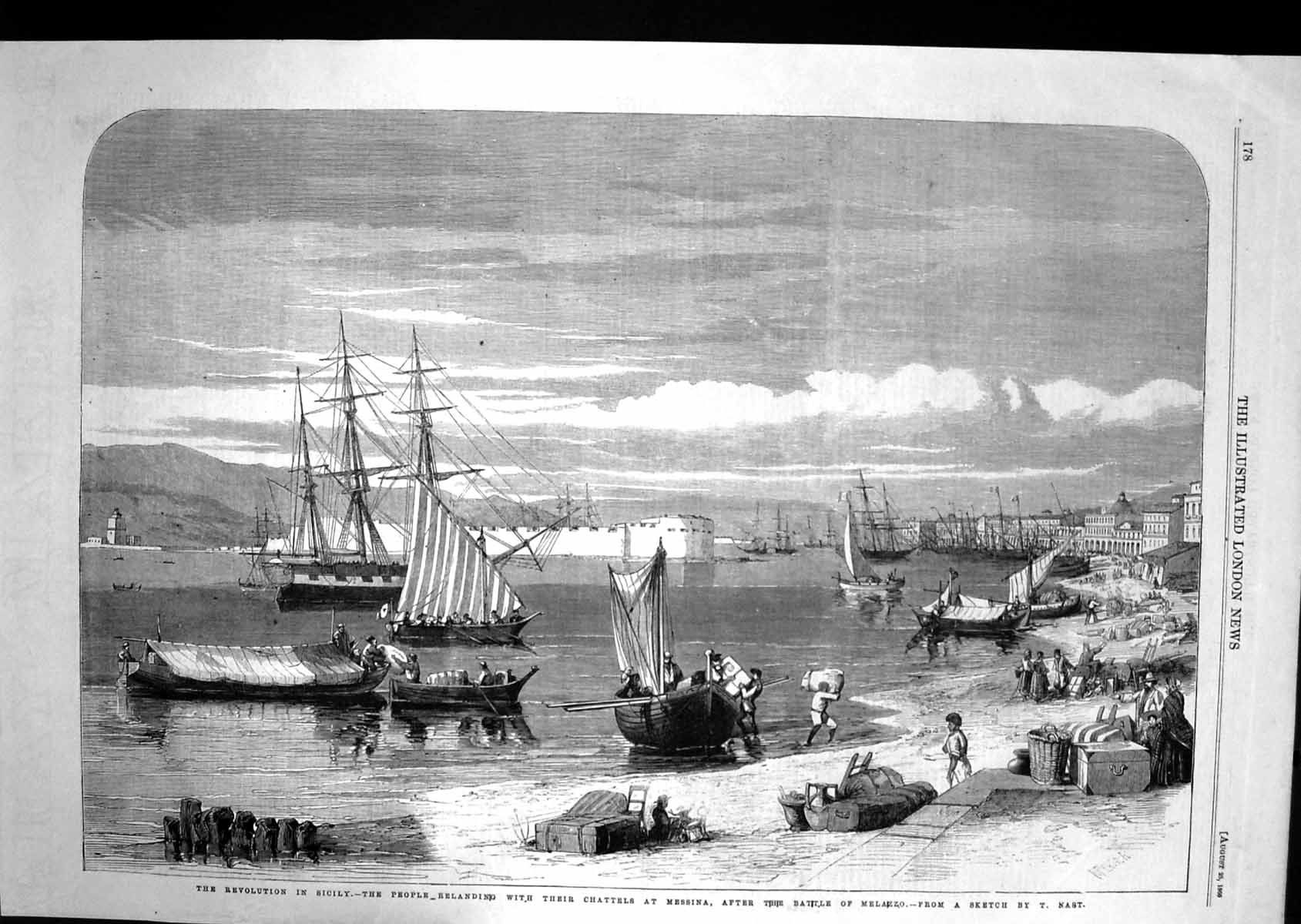 Antique Print Revolution Sicily 1869 Boats Chattels Messian Battle Melazzo 19th