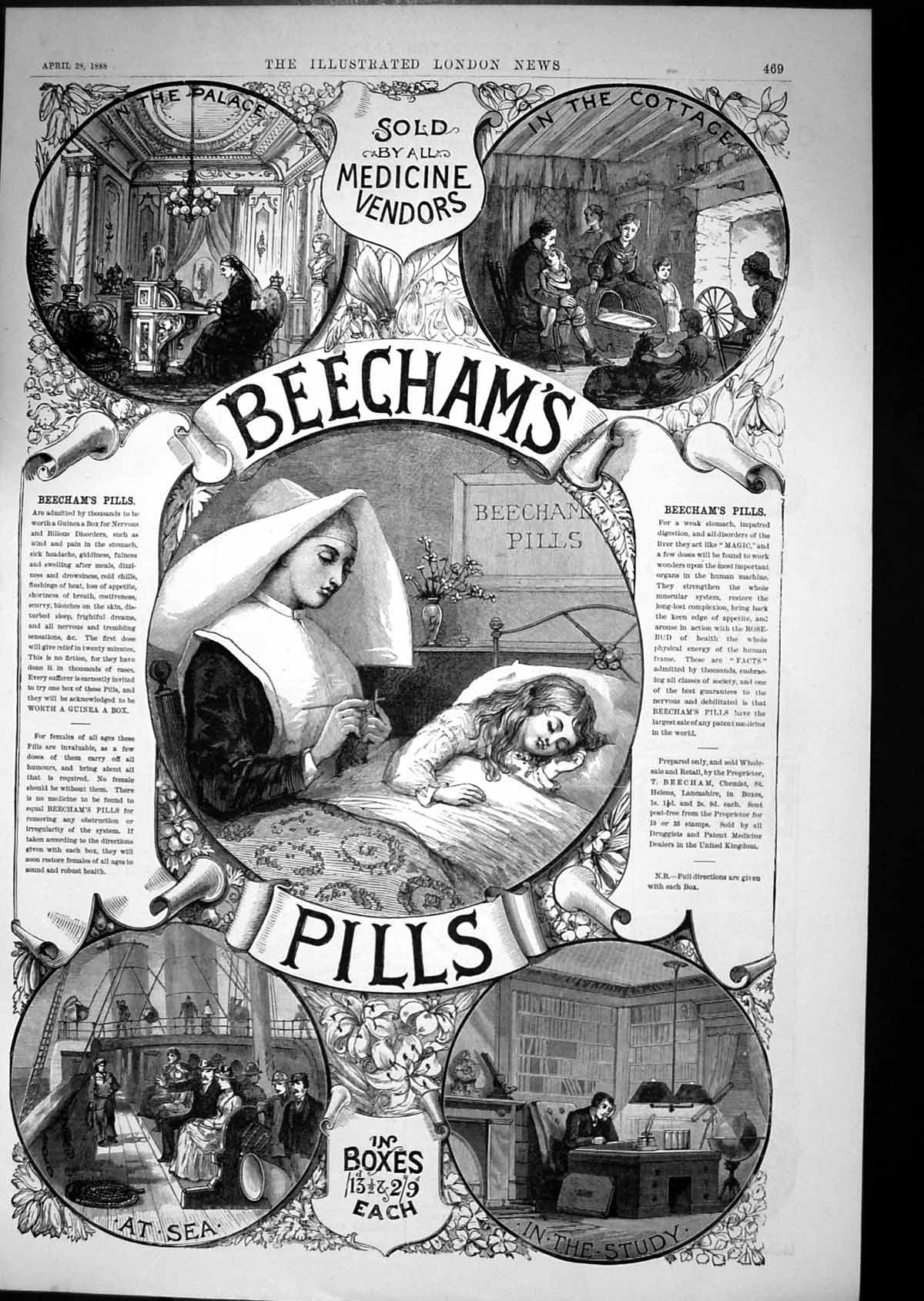 Antique Print 1888 Advertisement Beechams Pills Nurse Young Girl Study Ship