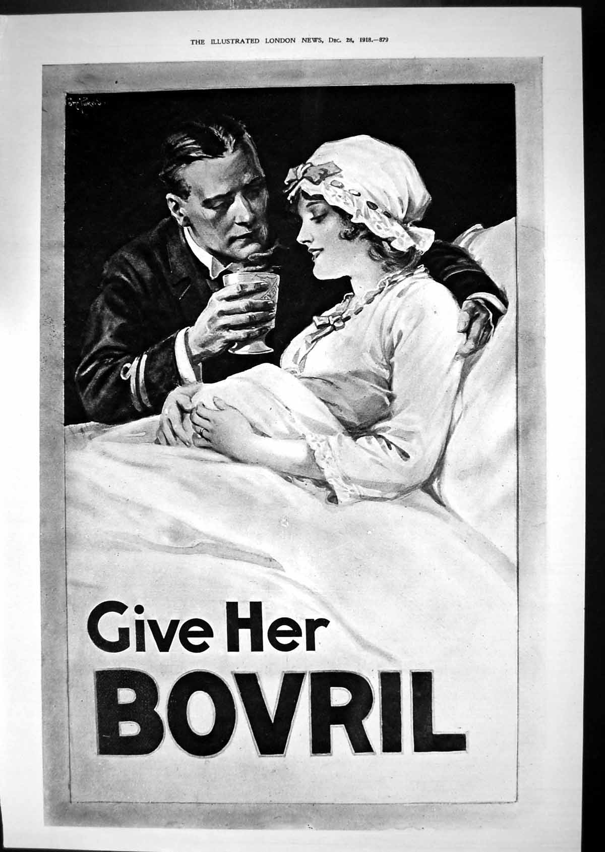 Old Vintage Print 1918 Advertisement Bovril Young Woman Sick Bed Man Cup 20th