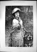 Original Old Antique Print 1885 Time Roses Beautiful Woman Garden Scene Knowles