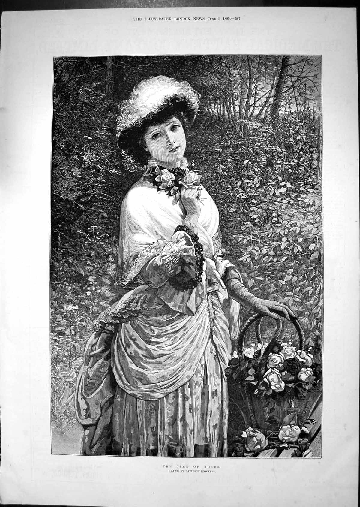Original Old Antique Print 1885 Time Roses Beautiful Woman Garden Scene Knowles
