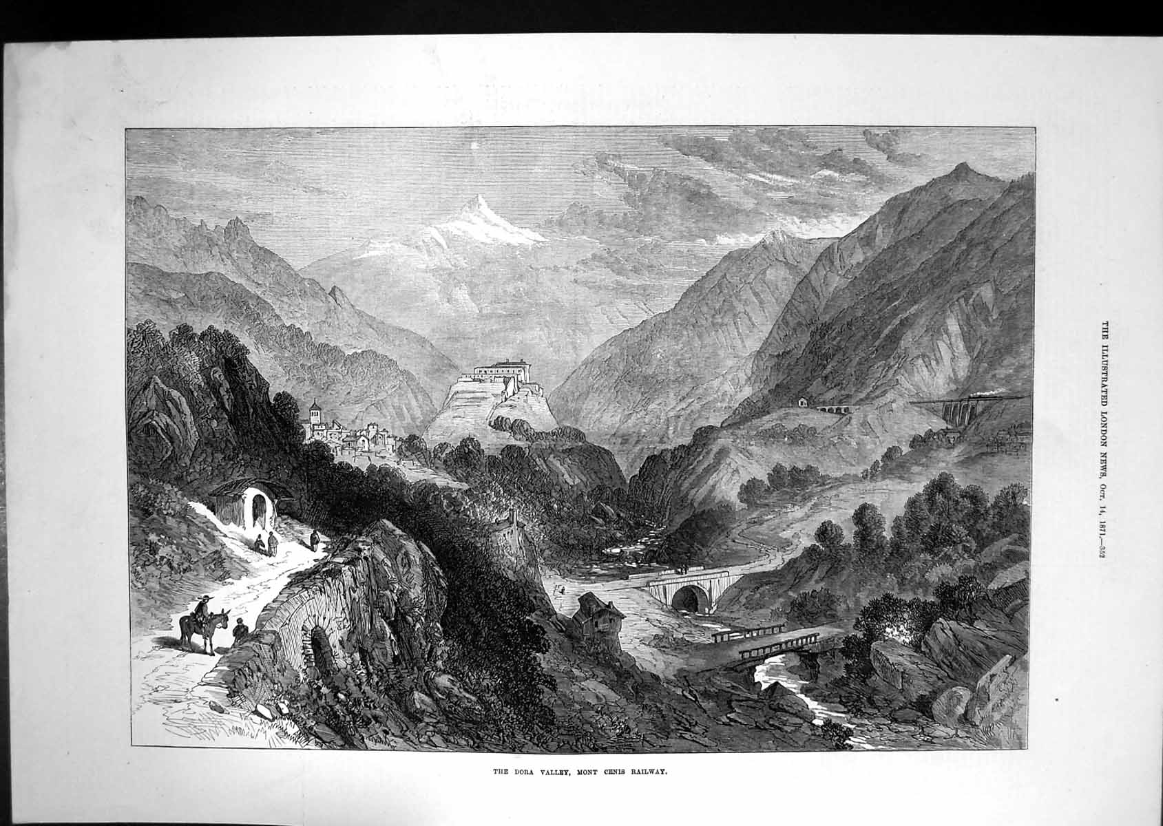 Original Old Antique Print 1871 View Dora Valley Mont Cenis Railway Mountains