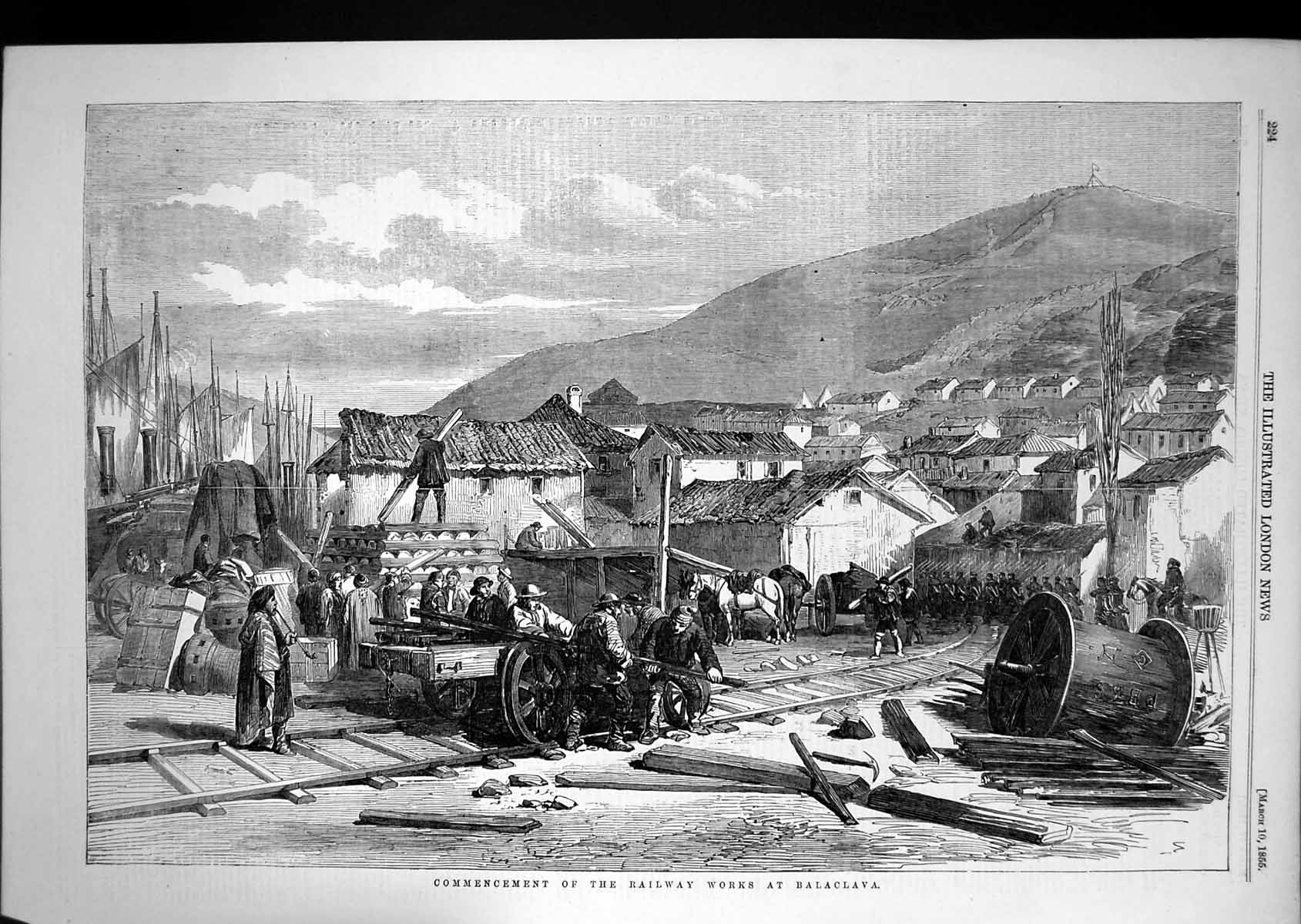 Original Old Antique Print 1855 Commencement Railway Works Balaclava Victorian