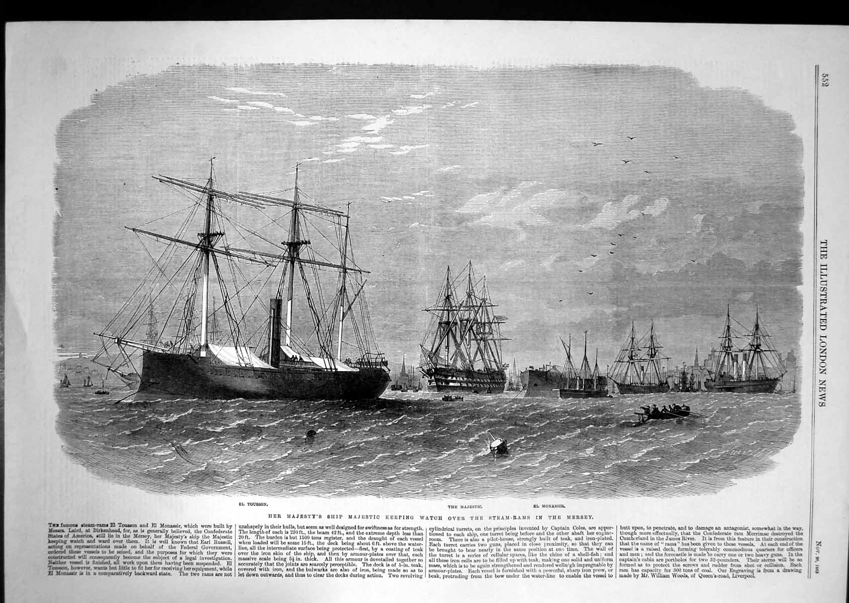 Old 1863 Her Majesty'S Ship Majestic Steam Rams Mersey Tousson Monass Victorian