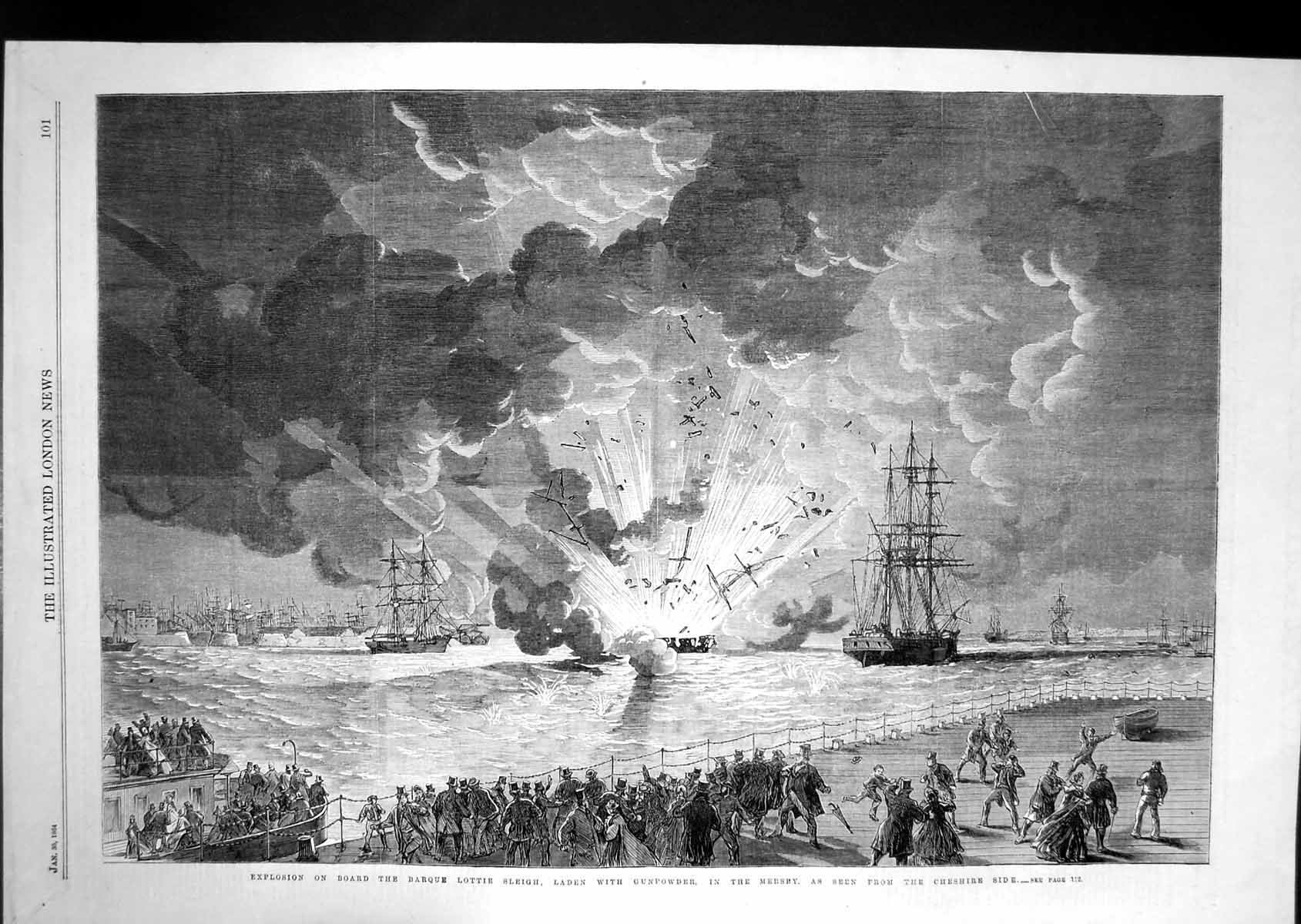 Antique Old Print 1864 Explosion Barque Lottie Sliegh Gunpowder Mersey Ships