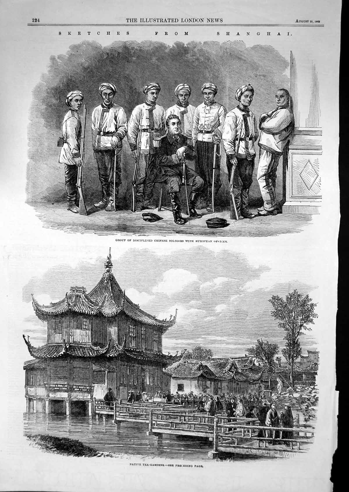 Old Print 1863 Shanghai Chinese Siers European Officer Native Tea Garden 19th