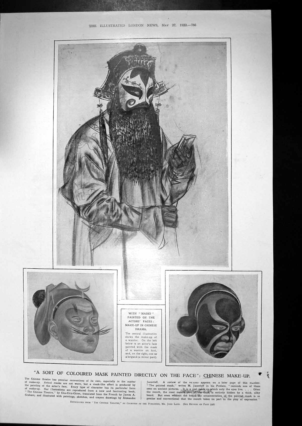 Original Old Vintage Print 1922 Coloured Mask Chinese Make Up Theatre John Lane
