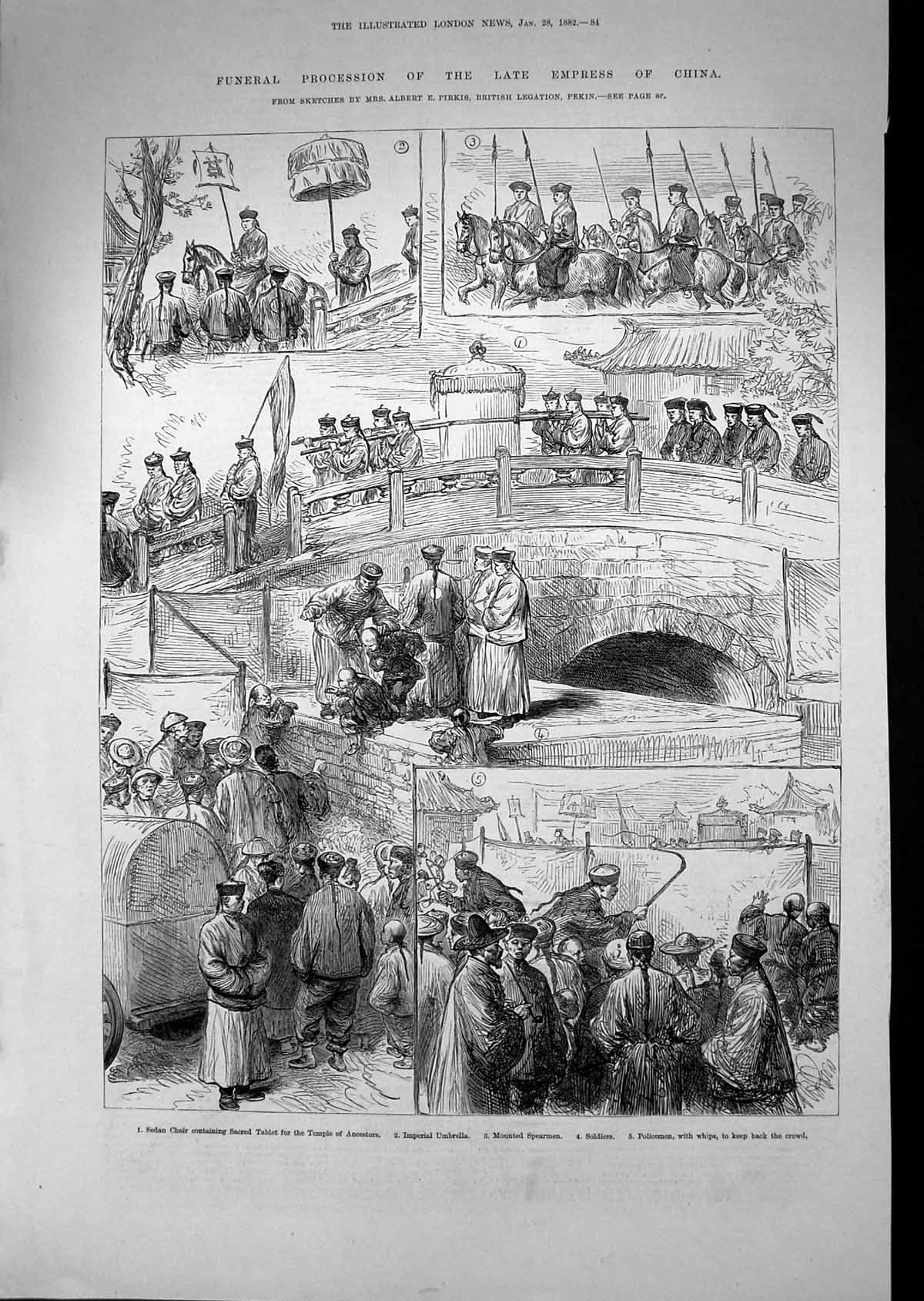 Antique Old Print 1882 Funeral Procession Empress China Sedan Chair Spearmen