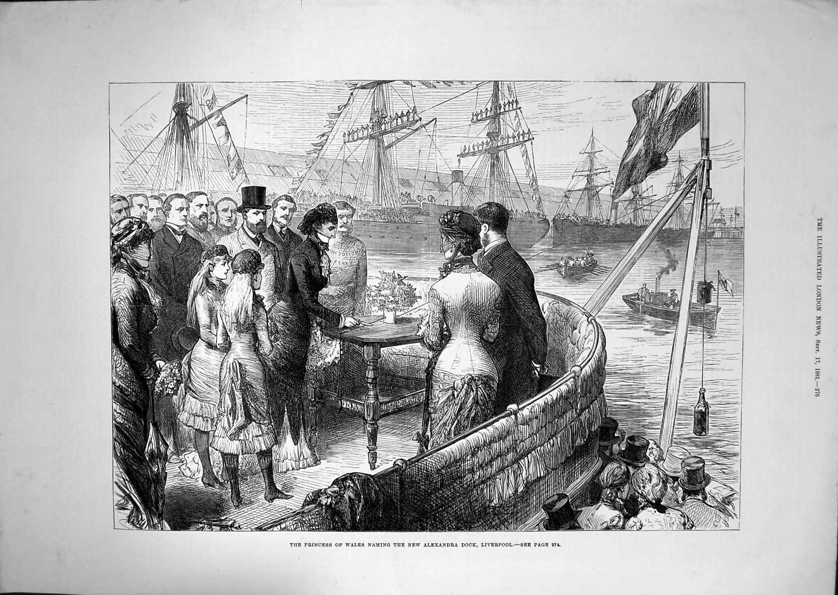Original Old Antique Print 1881 Princess Wales Naming Alexandra Dock Liverpool