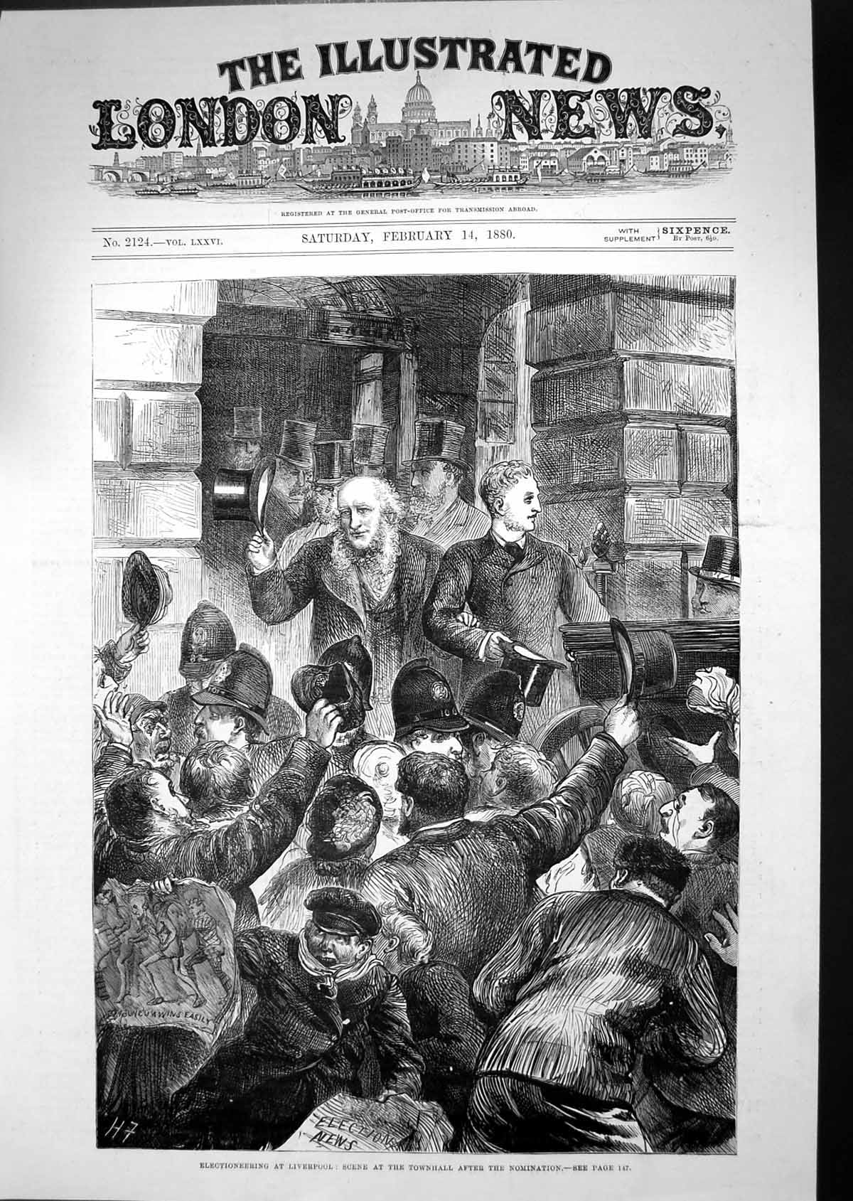 Antique Print 1880 Electioneering Liverpool Scene Townhall Voting Elections