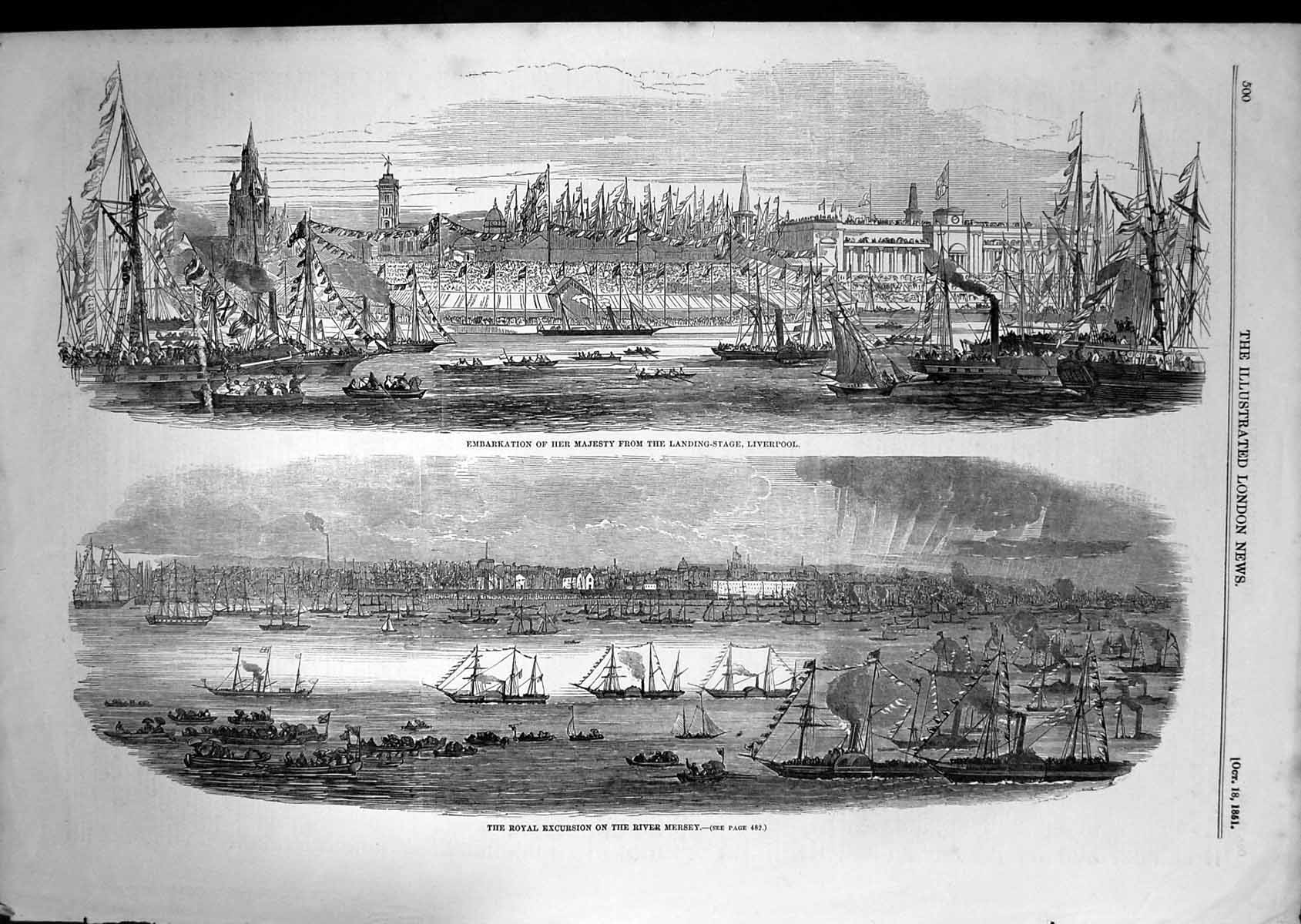 Original Old Antique Print Royal Excursion River Mersey Ships Liverpool 1851