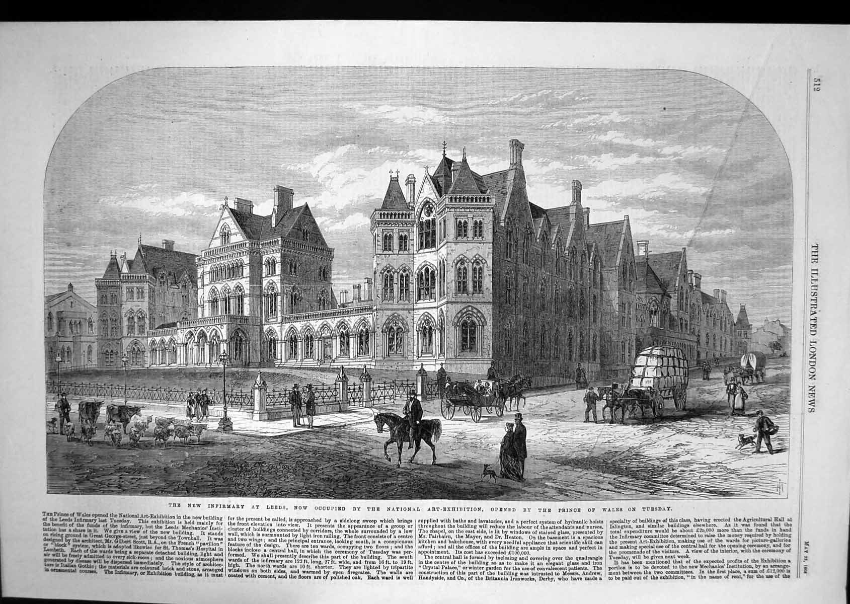 Antique Old Print 1868 Infirmary Leeds National Art Exhibition Prince Wales