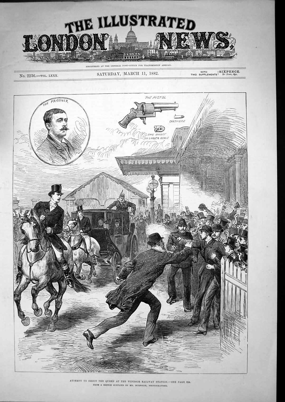 Antique Old Print 1882 Attempt Shoot Queen Windsor Railway Station Prisoner