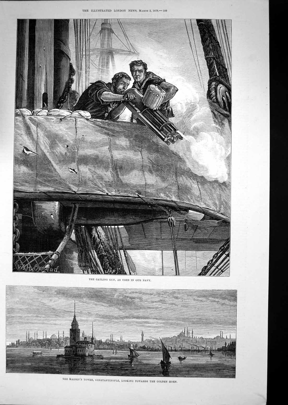 Antique Print 1878 Maiden'S Tower Constantinople Gen Horn Gatling Gun Ship 19th