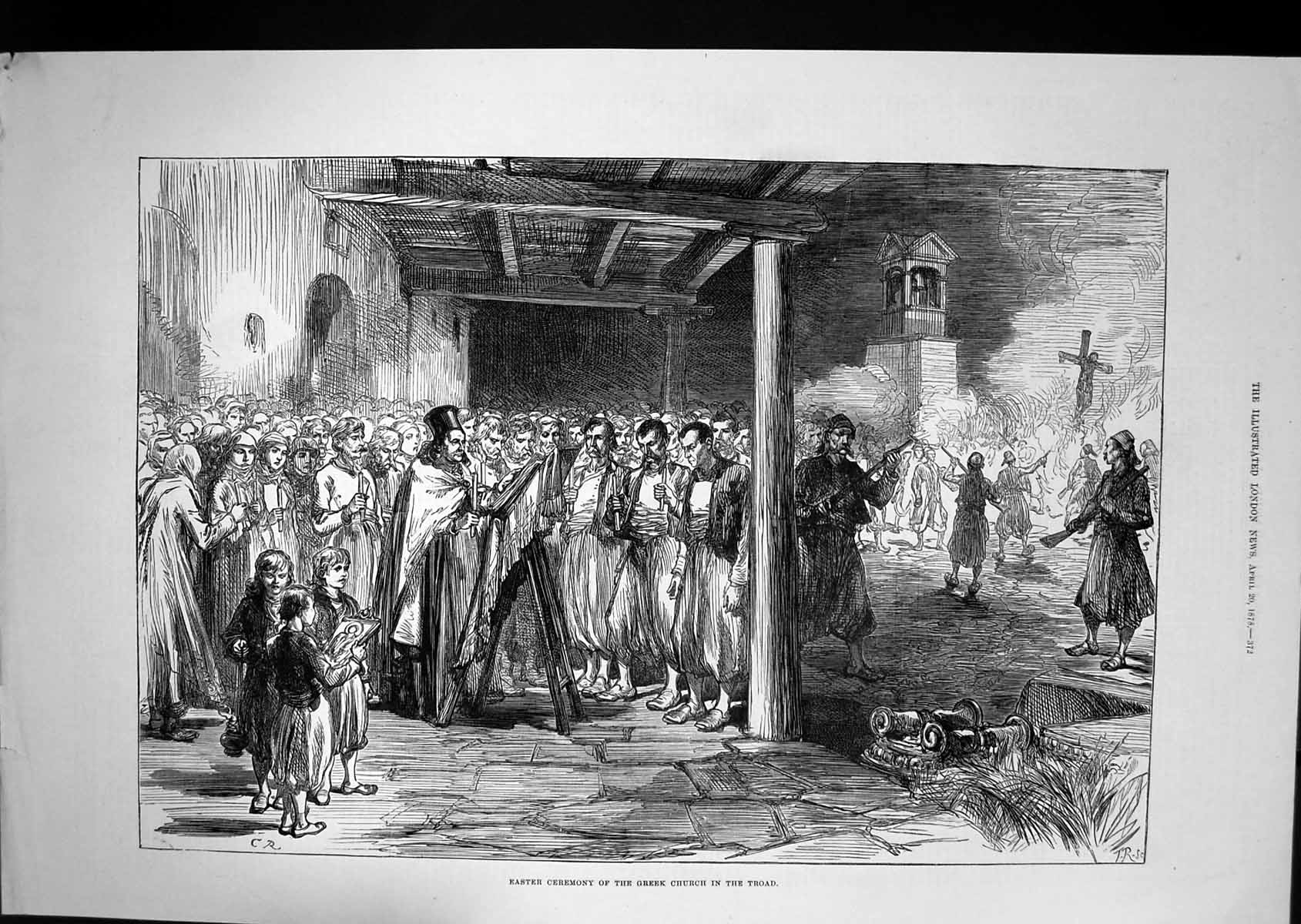 Original Old Antique Print 1878 Easter Ceremony Greek Church Troad Victorian
