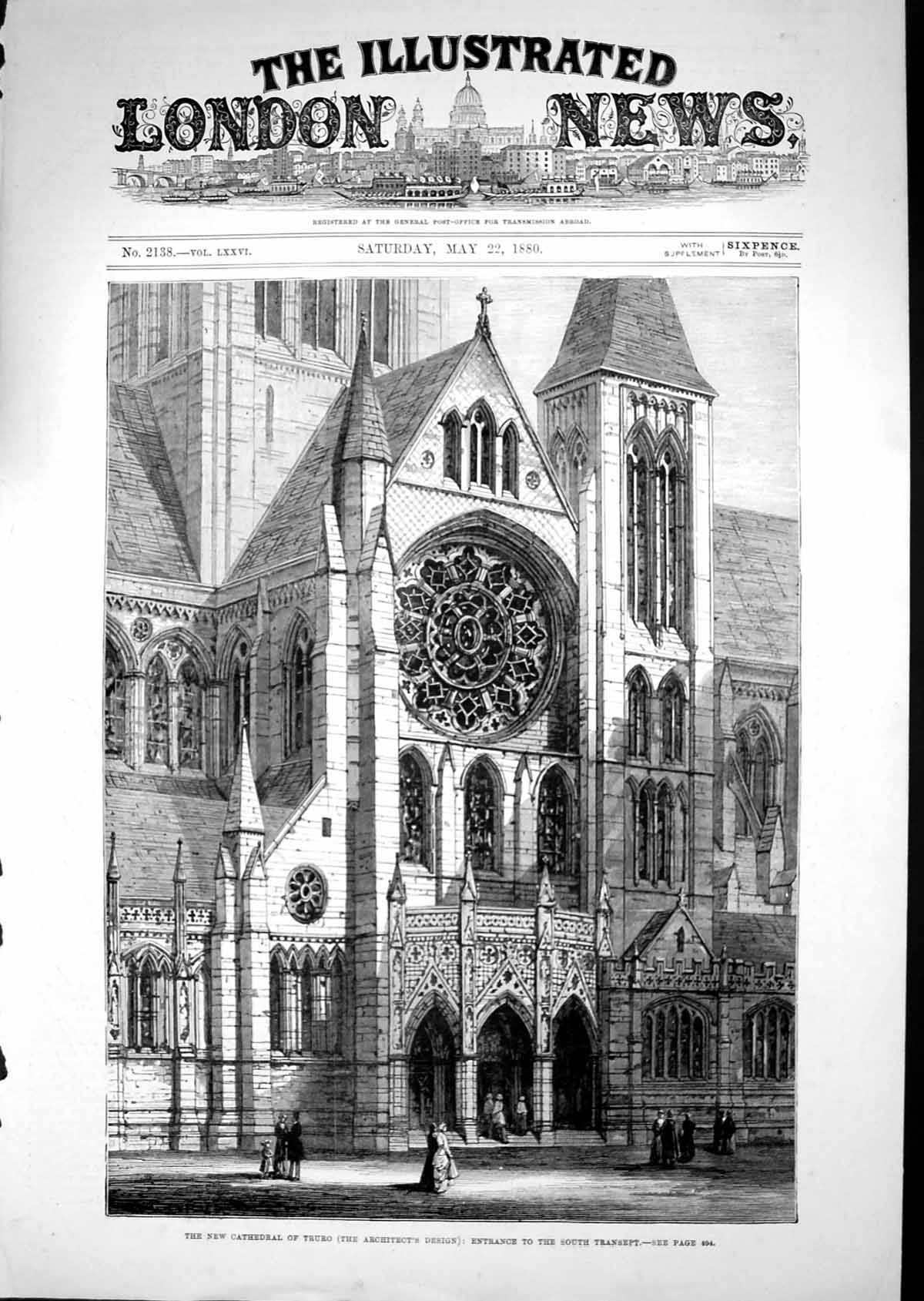 Antique Old Print 1880 Cathedral Truro Architecture Entrance South Transept
