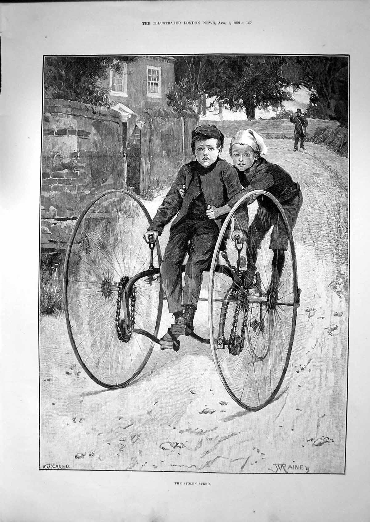 Original Old Antique Print 1891 Stolen Steed Young Boys Bicycle Rainey 19th