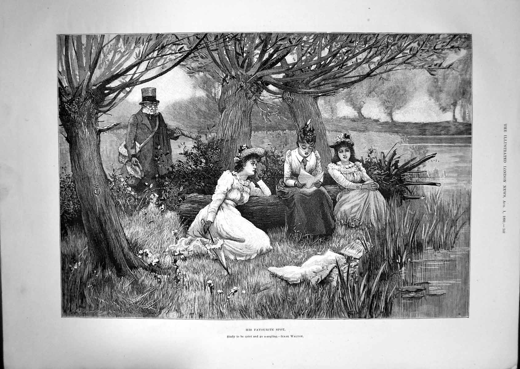 Antique Print Ladies Picnic Scene Fisherman 1891 His Favourite Sport Walton
