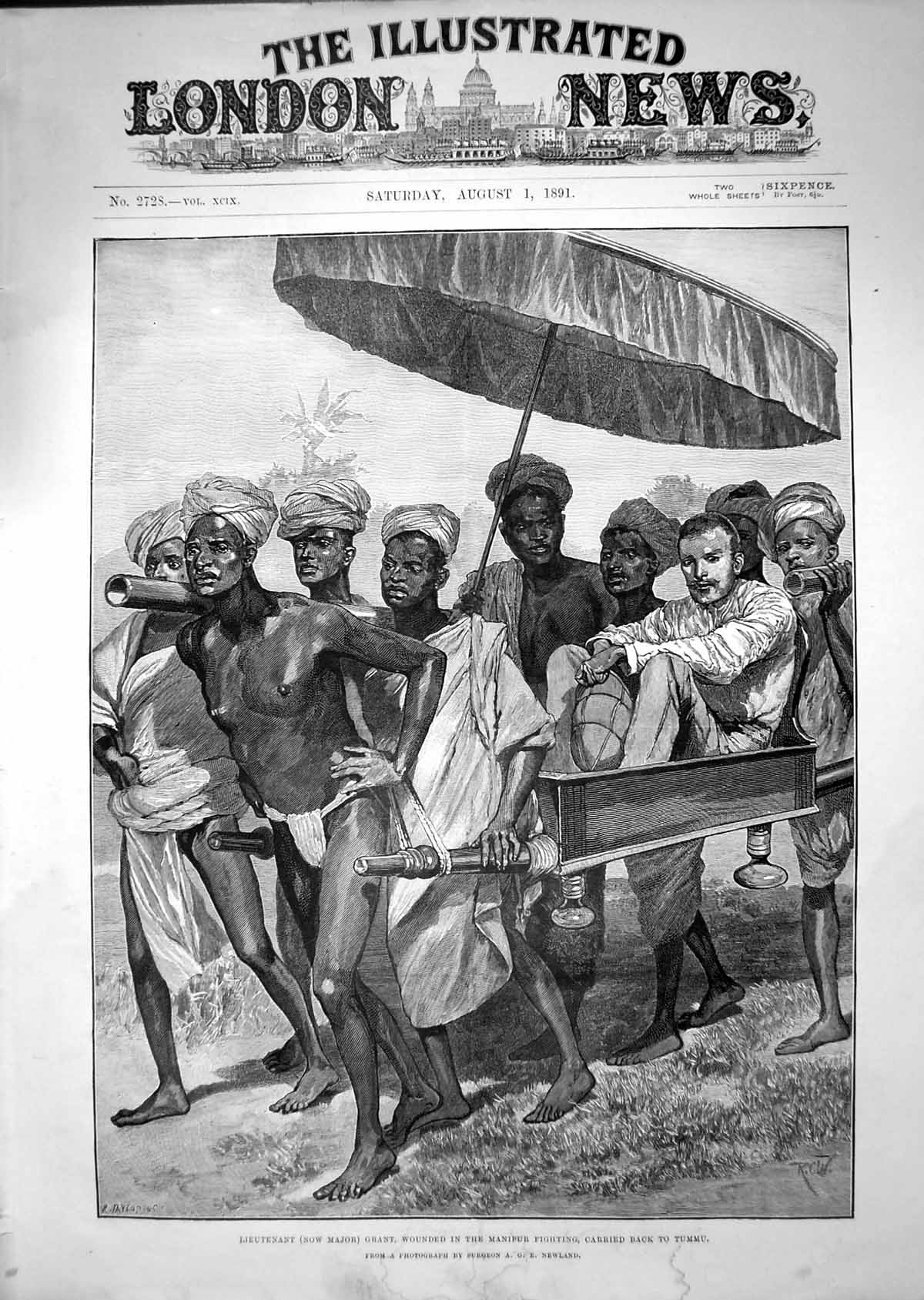 Antique Print 1891 Leiutenant Major Grant Wounded Manipur War Tummu Newland