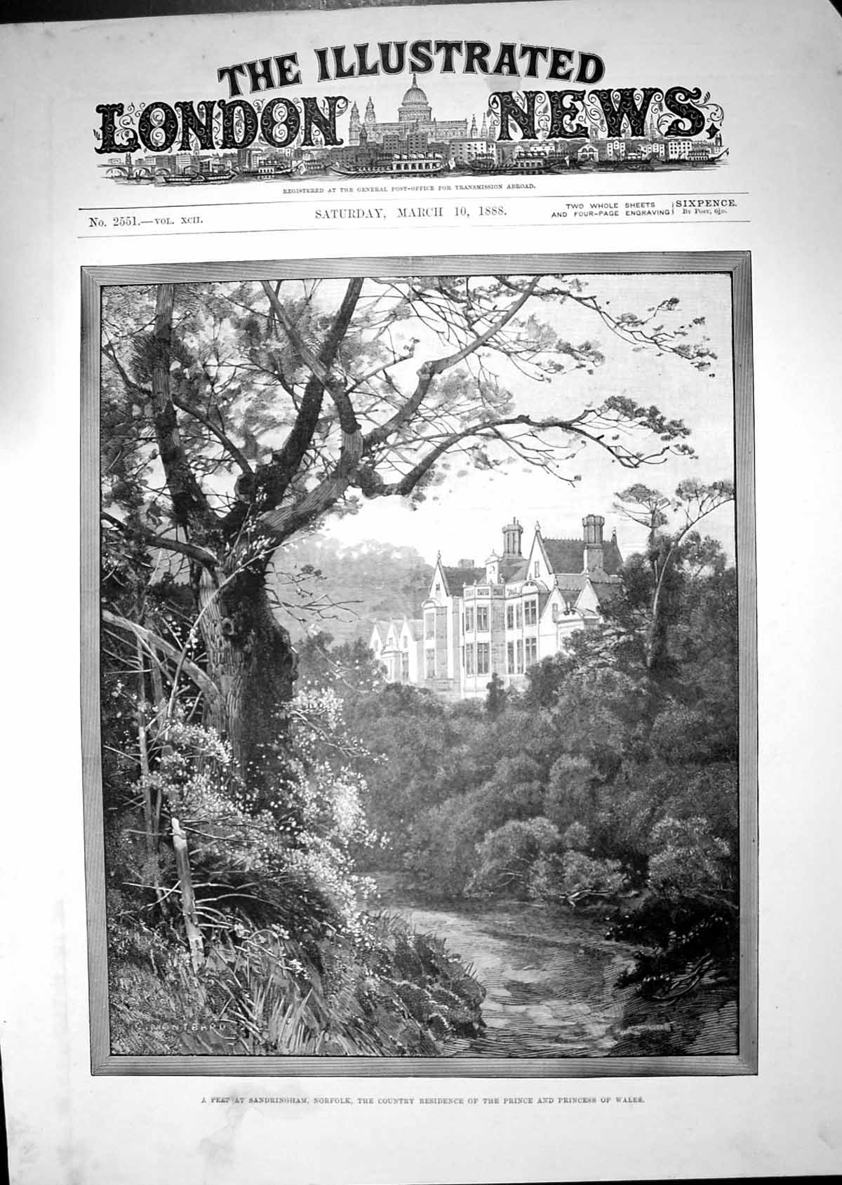 Original Old Antique Print 1888 Sandringham Norfolk Prince Princess Wales 19th