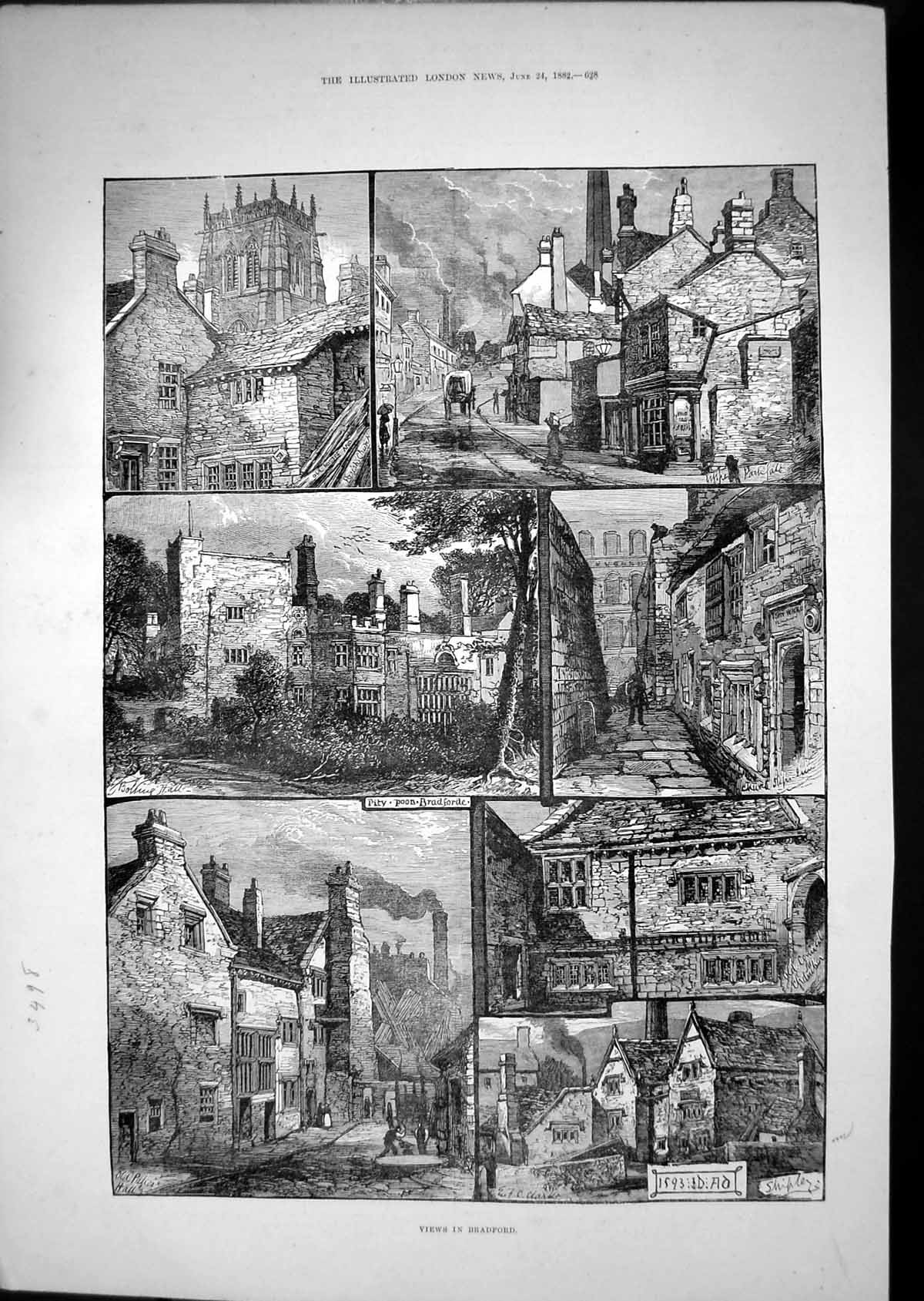 Original Old Antique Print 1882 Bradford Houses Church Street Scene Fine Art
