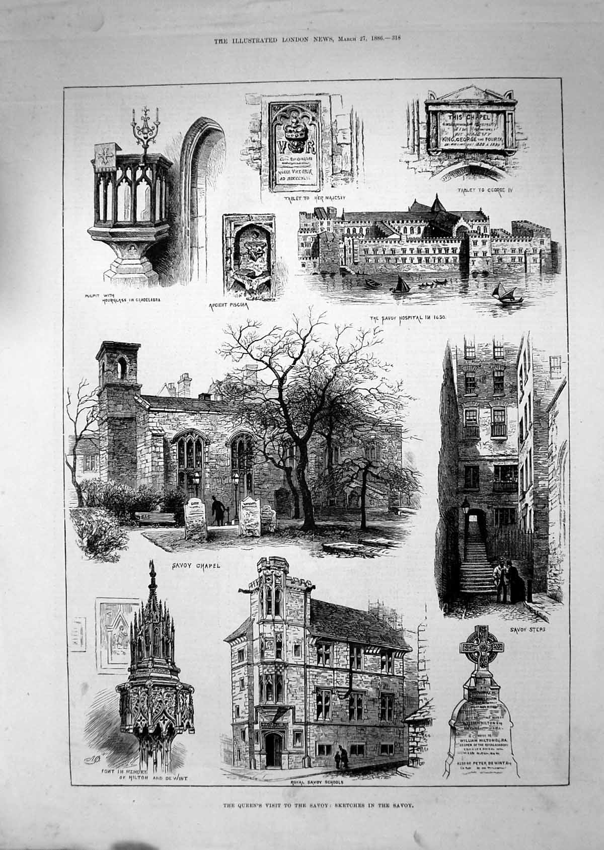 Antique Old Print 1886 Savoy Chapel Hospital Font Memory Hilton Tablet Queen