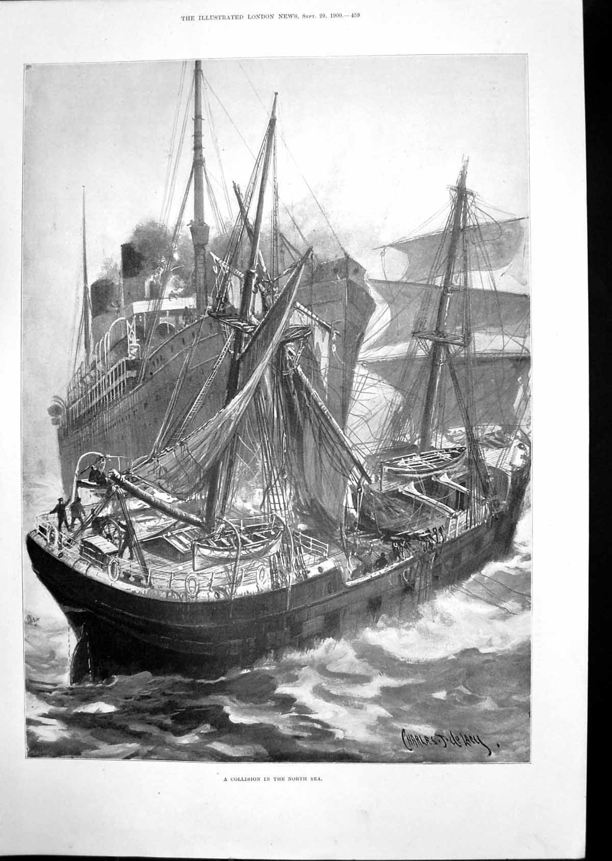 Old Antique Print 1900 Ships Collision North Sea Passenger Liner Sailing 20th