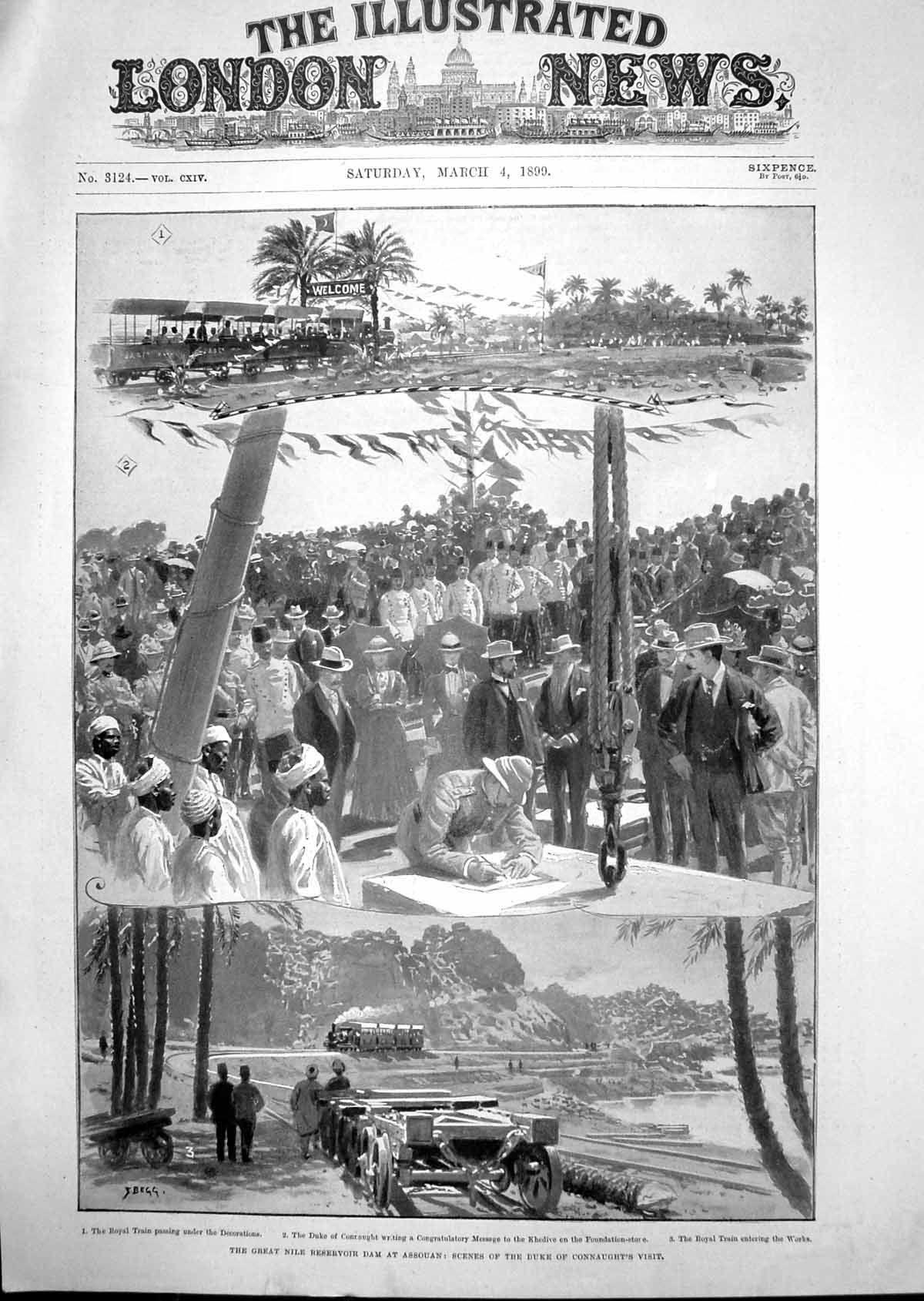 Antique Old Print 1899 Nile Reservoir Dam Assouan Duke Connaught Royal Train