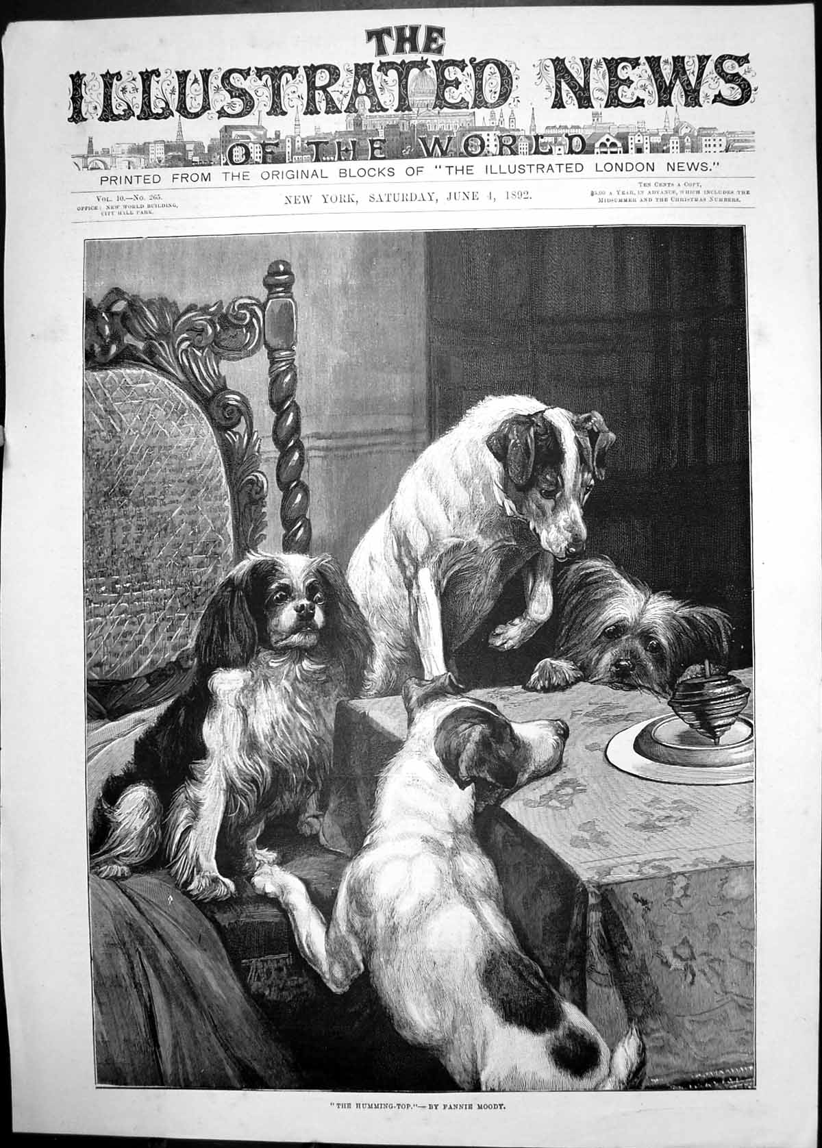 Original Old Antique Print 1892 Humming Top Toy Dogs Dinner Table Fanny Moody