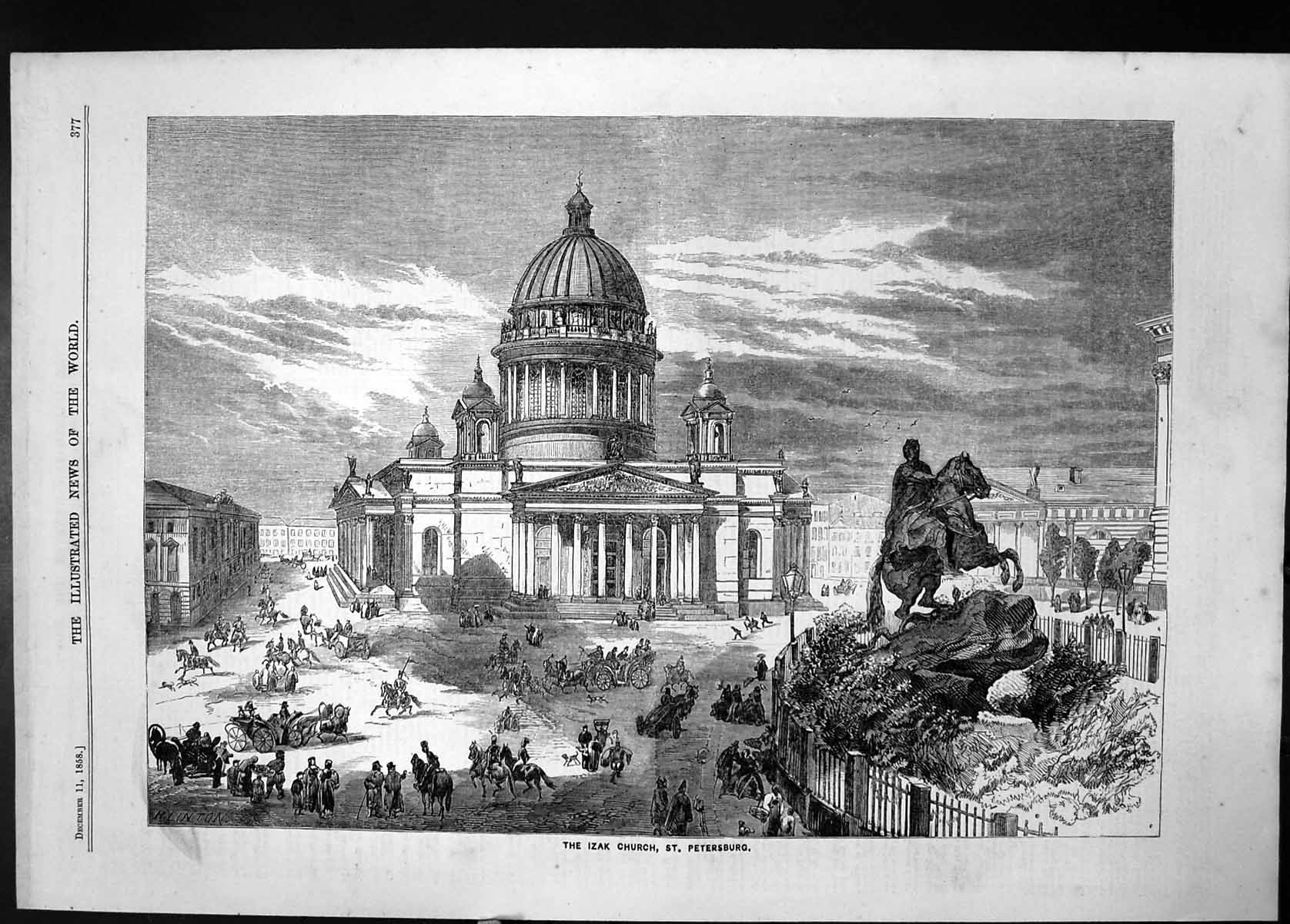 Old Antique Print 1858 Izak Church St. Petersburg Architecture Sculpture 19th