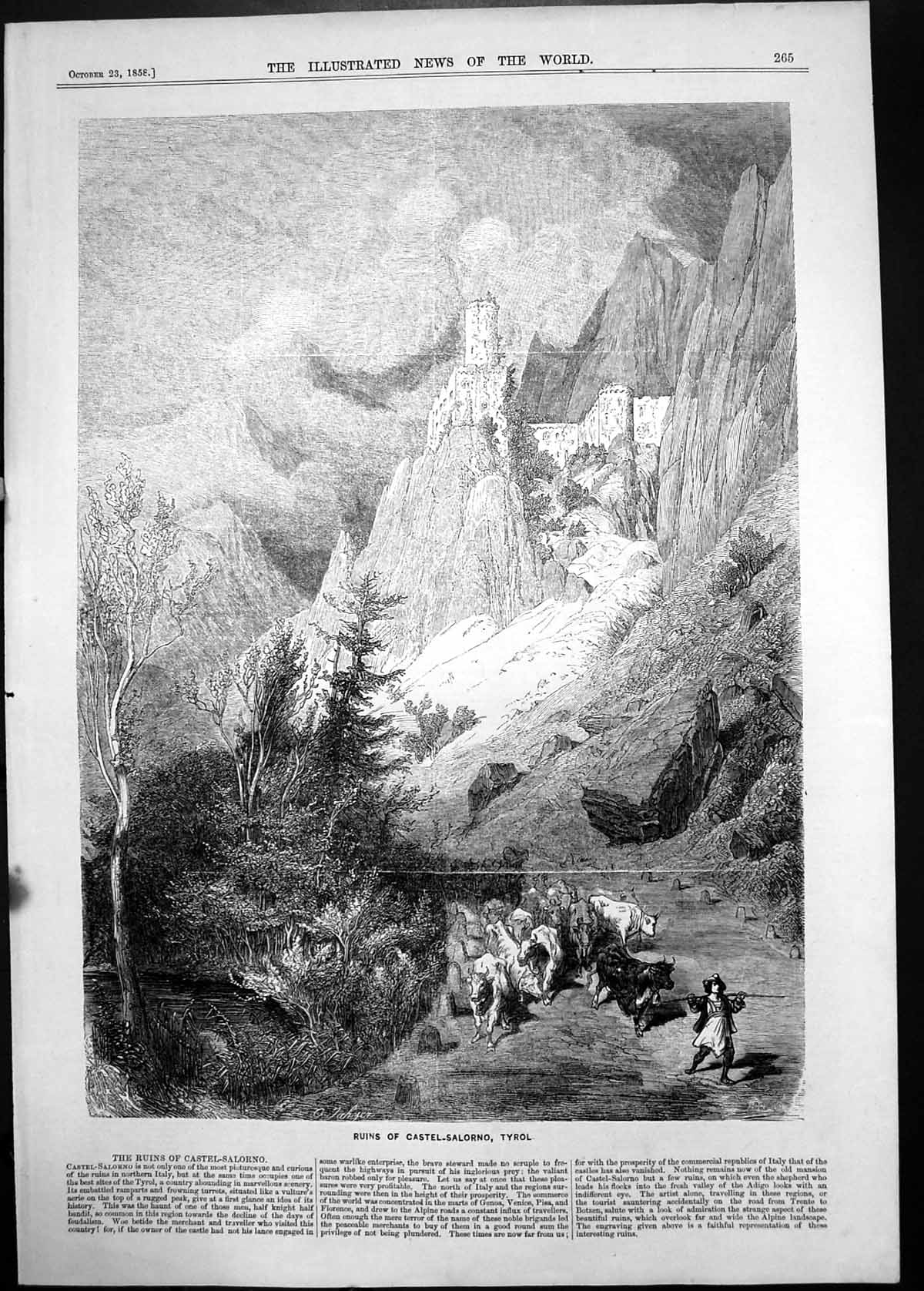 Original Old Antique Print 1858 Ruins Castel-Salorno Tyrol Mountains Victorian