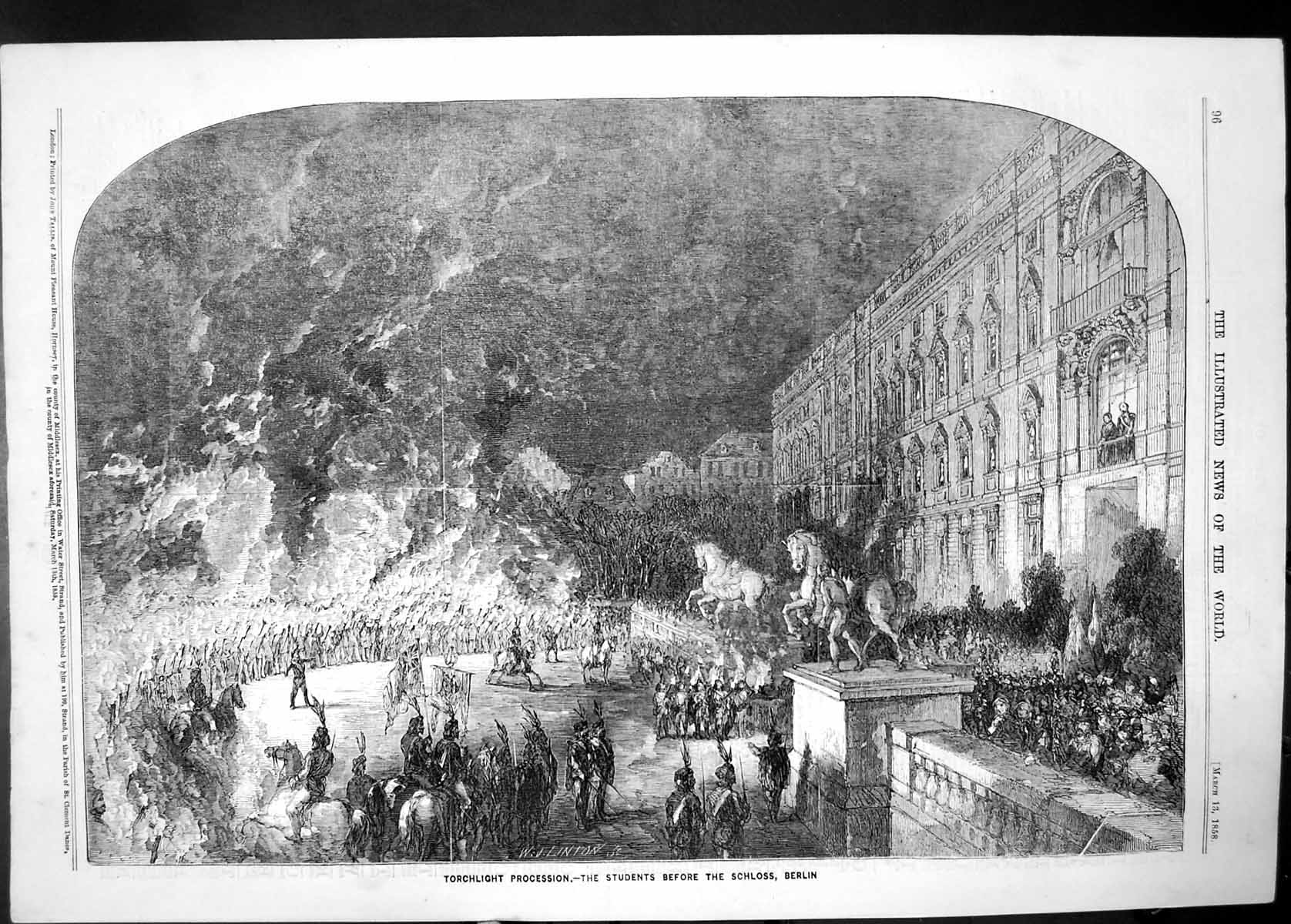 Antique Old Print 1858 Torchlight Procession Students Schloss Berlin Germany